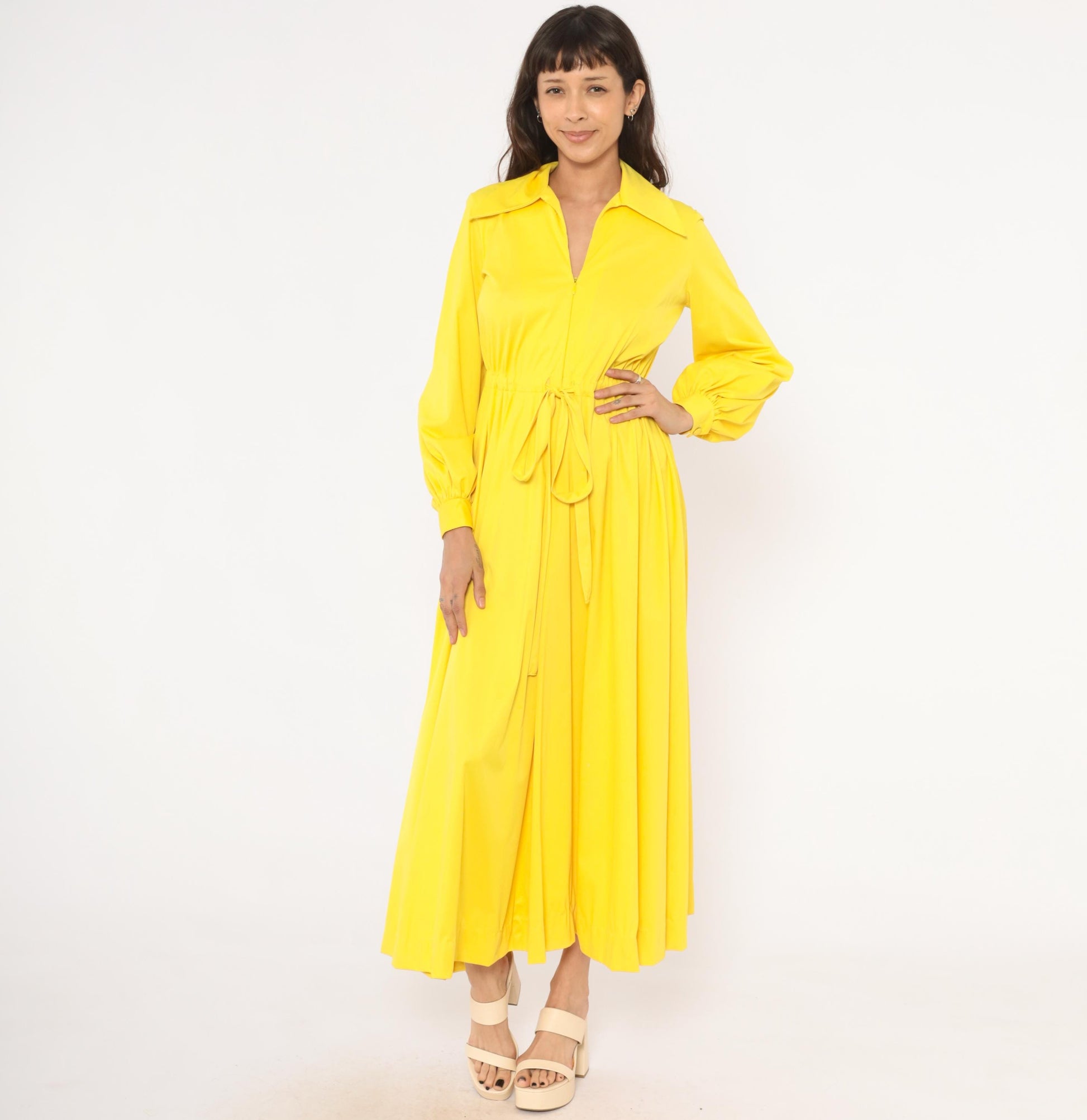 70s Vanity Fair Yellow Maxi Dress Balloon Sleeve Zip Front Gathered Skirt Medium