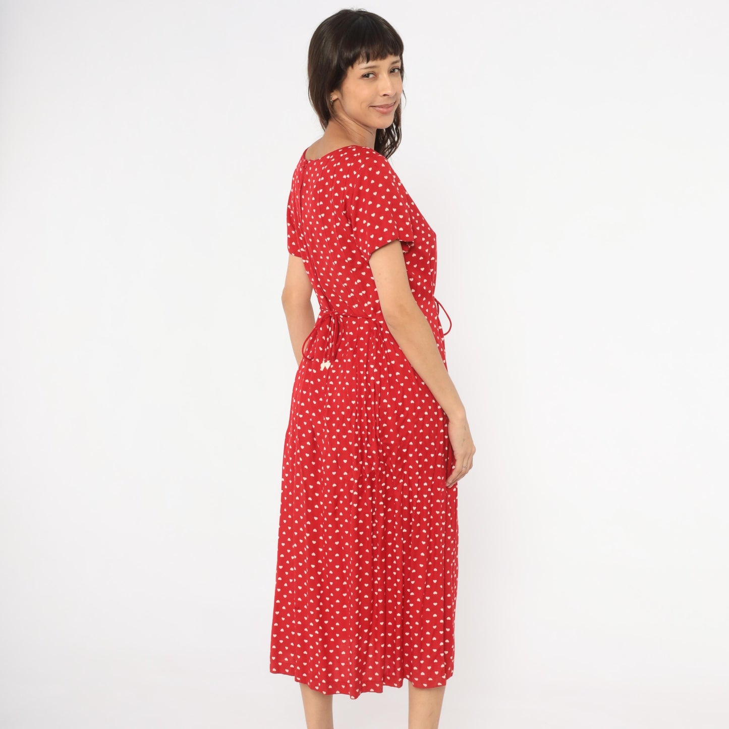80s Sarah Elizabeth Red Heart Print Midi Dress Button Front Scoop Neck Medium M