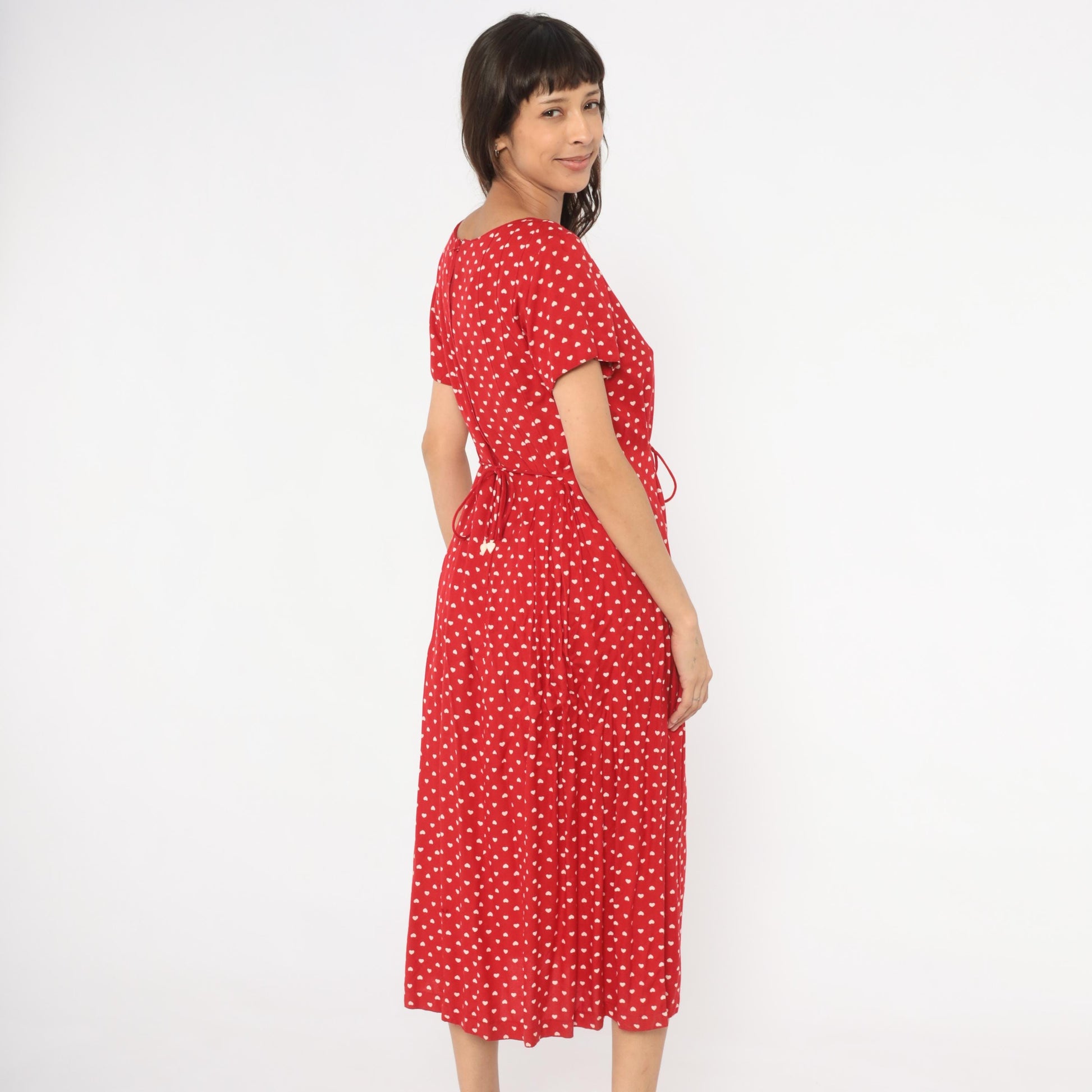 80s Sarah Elizabeth Red Heart Print Midi Dress Button Front Scoop Neck Medium M