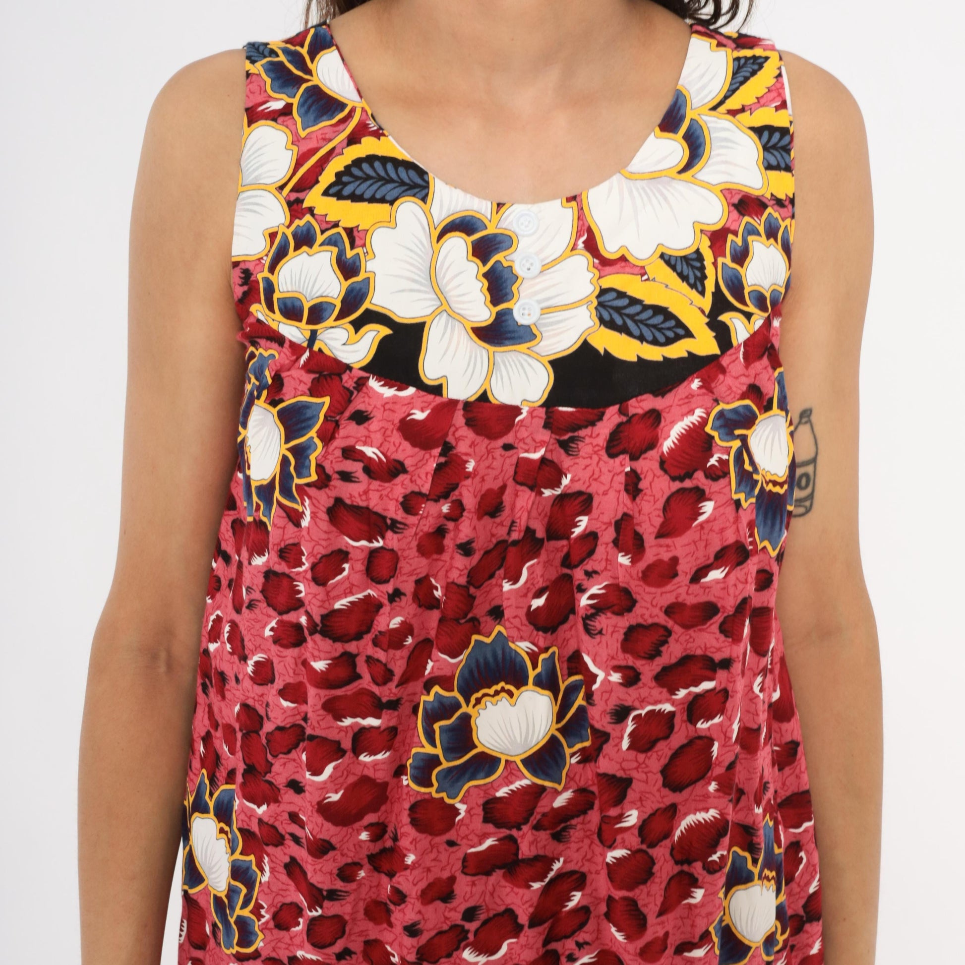 2000s Pink Leopard Floral Shift Dress Knee-Length Scoop Neck Tank Extra Small XS