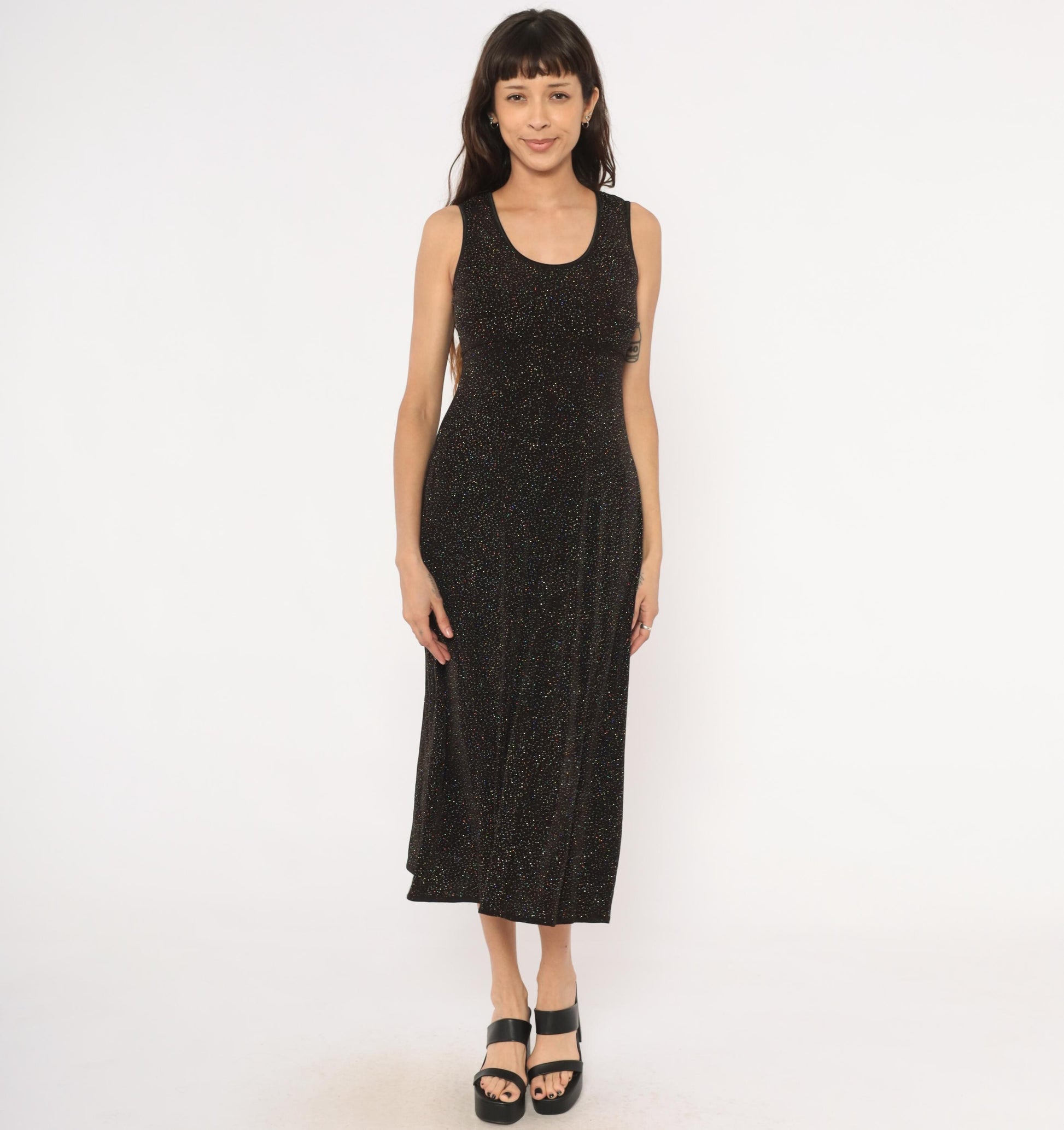 90s Rabbit Designs Black Glitter Maxi Dress Scoop Neck Empire Waist Medium M