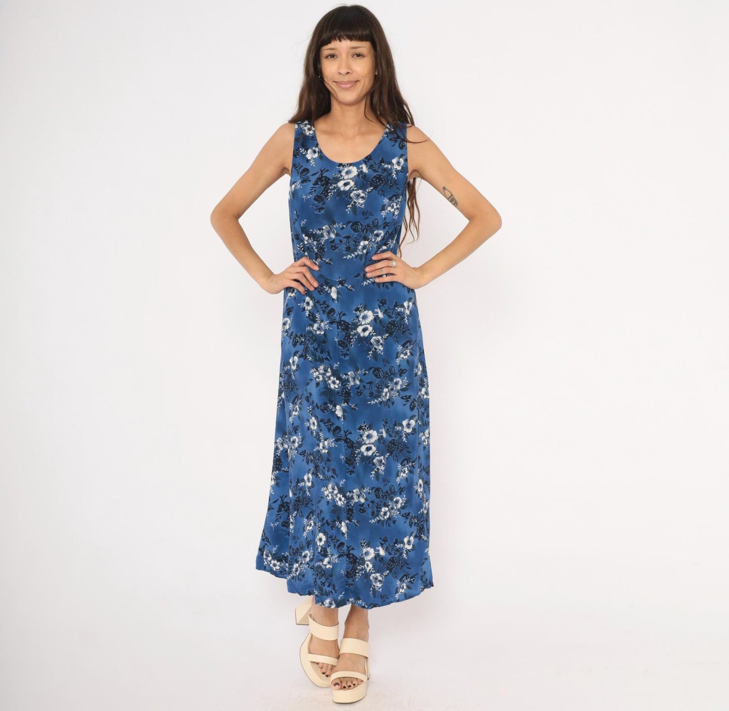 90s Molly Malloy Blue Floral Maxi Dress Sleeveless A-Line Small