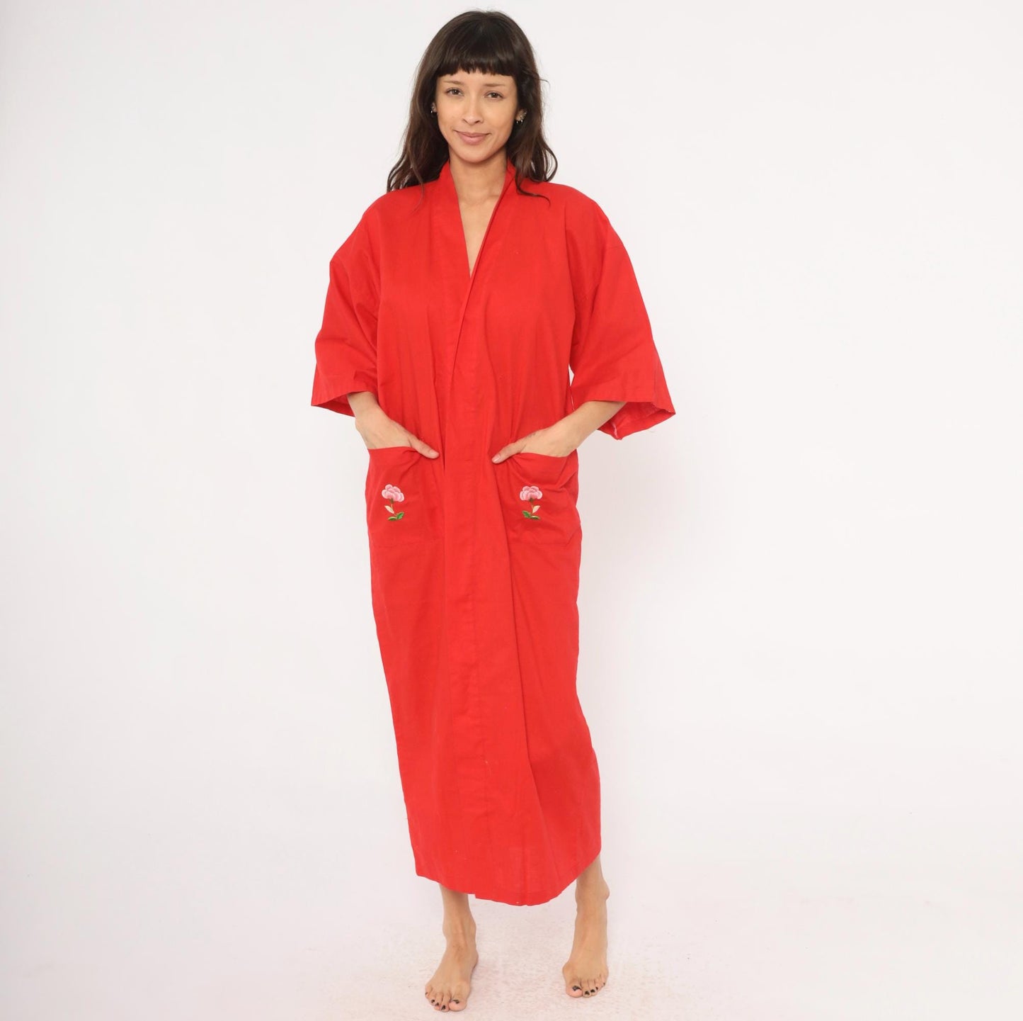 90s Peacock Red Kimono Robe Embroidered Floral Cotton Maxi Unisex Small