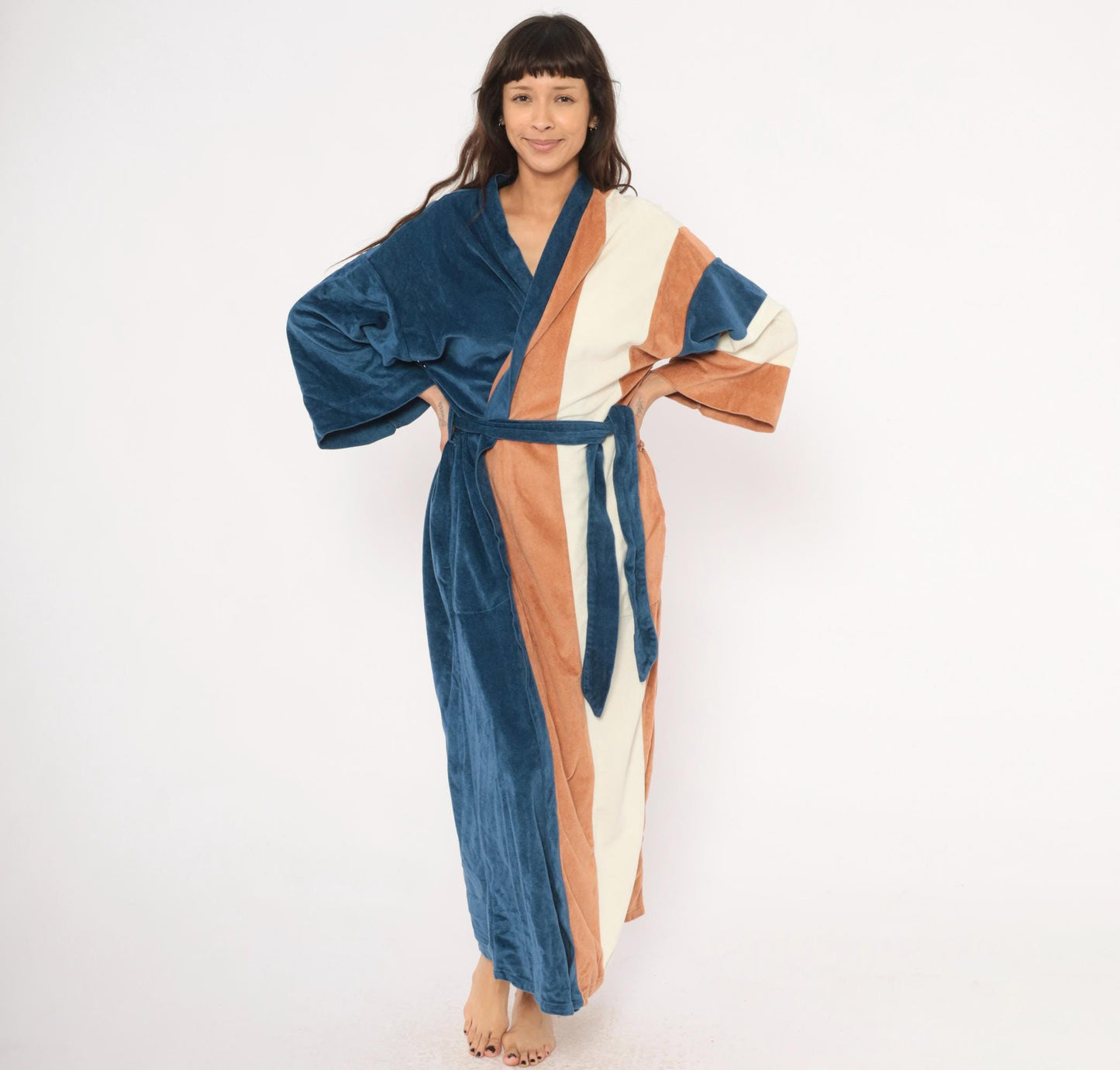 80s JCPenney Velour Kimono Robe Colorblock Navy Copper Cream One Size