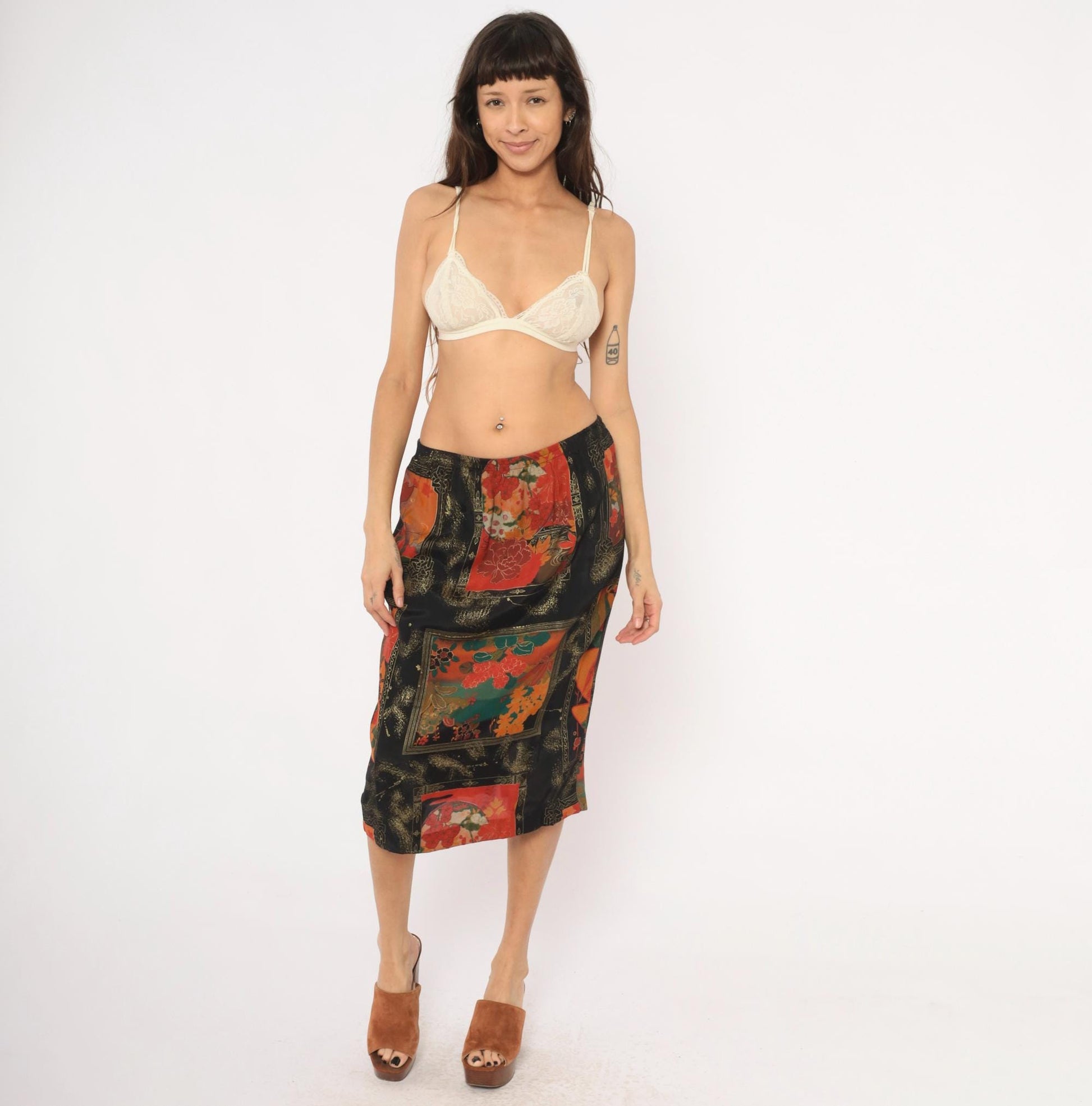 80s Japanese Floral Pencil Skirt Black Red Teal Gold Peonies Midi Medium Large