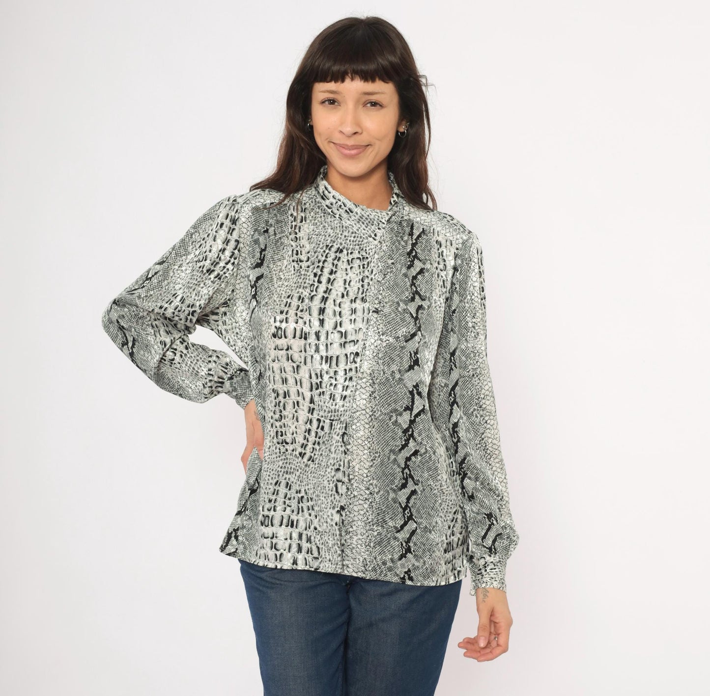 90s Tess Snakeskin Print Blouse Silver Grey Python Reptile Medium M