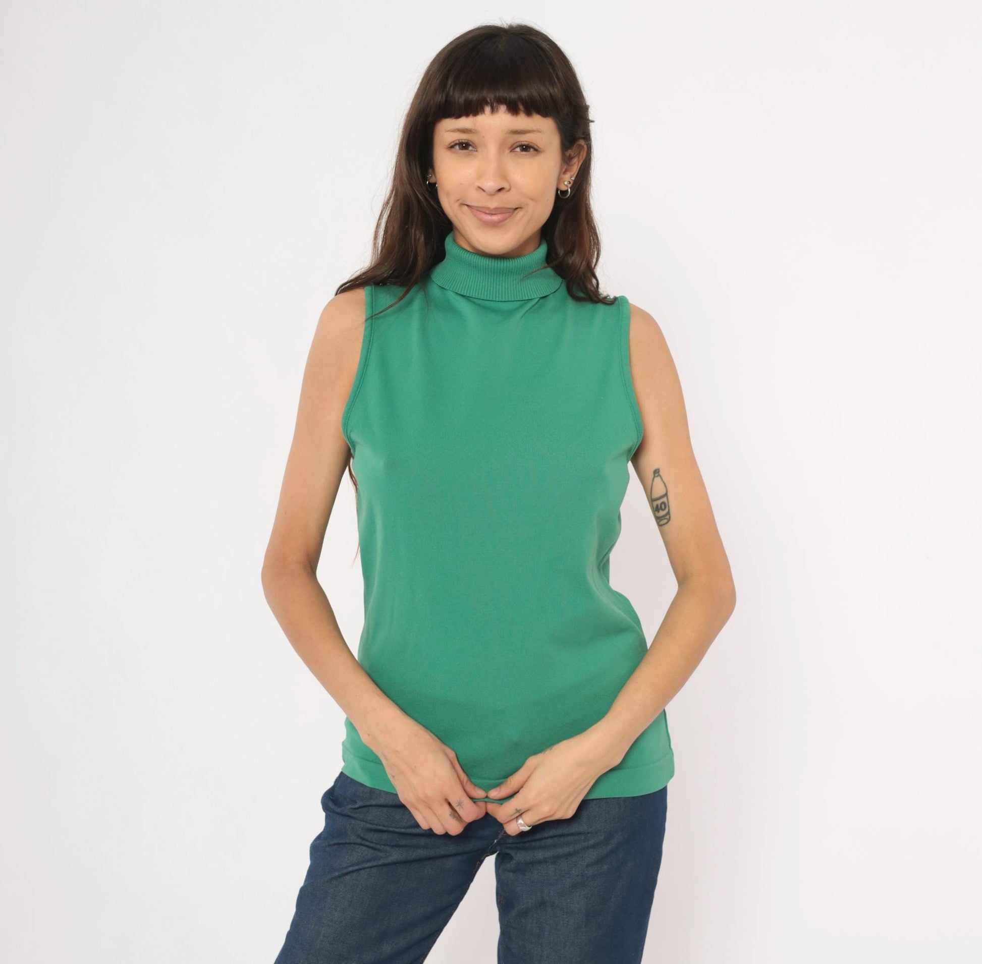 70s Sage Green Sleeveless Mock Neck Knit Tank Top Ribbed Shell Medium Large