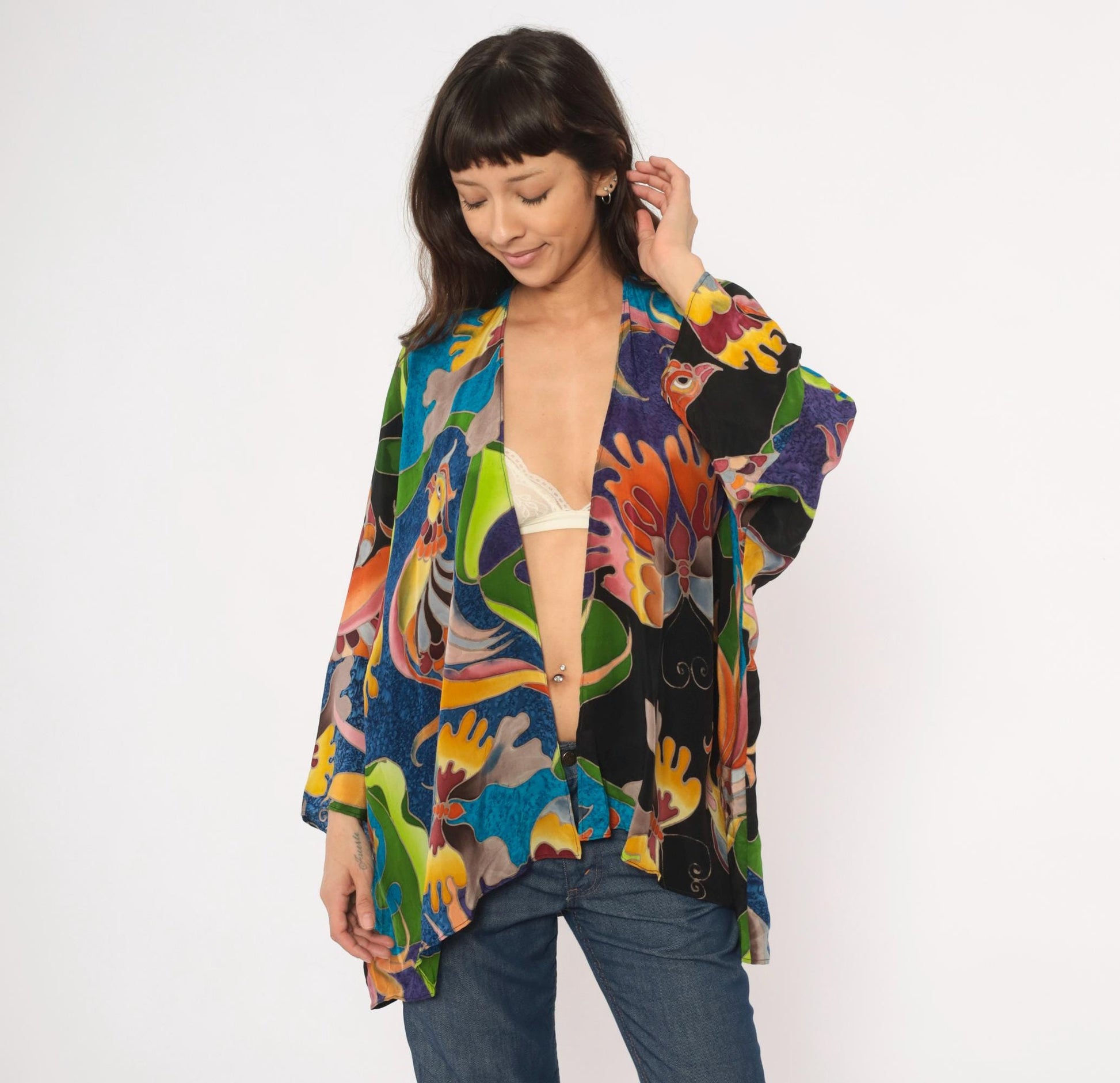 2000s Deeva Silk Kimono Jacket Multicolor Bird Floral Abstract One Size