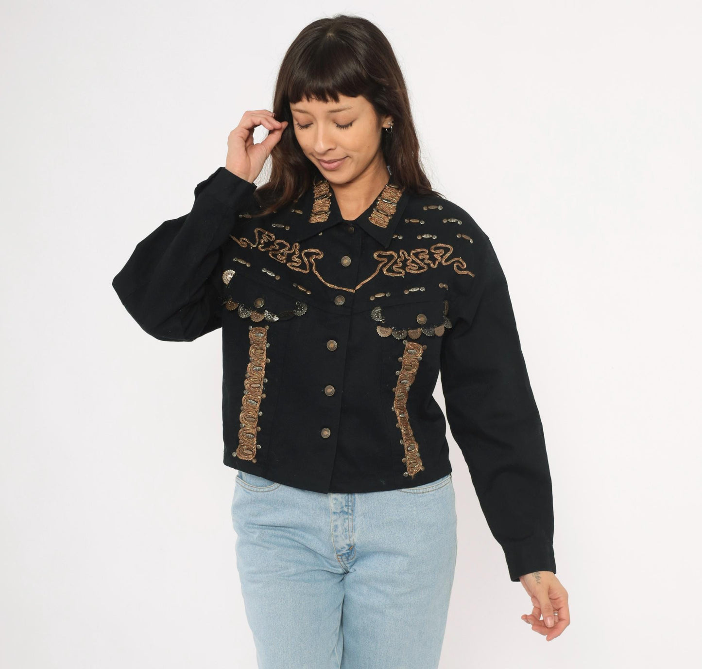 90s Styleworks Black Denim Jacket Gold Coin Charm Embroidered Cropped Large L