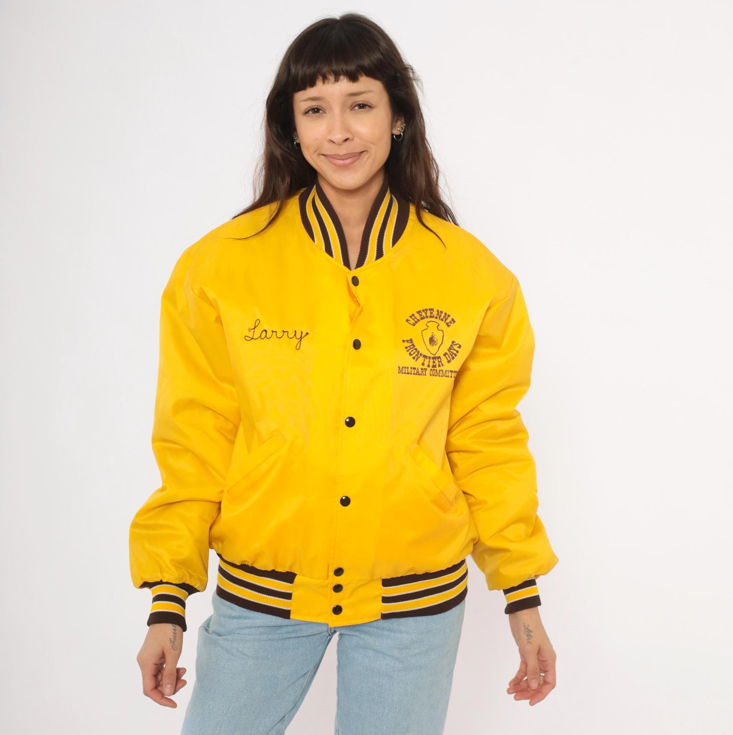 80s DeLong Sportswear Varsity Jacket Gold Nylon Bomber Cheyenne Frontier Days Medium