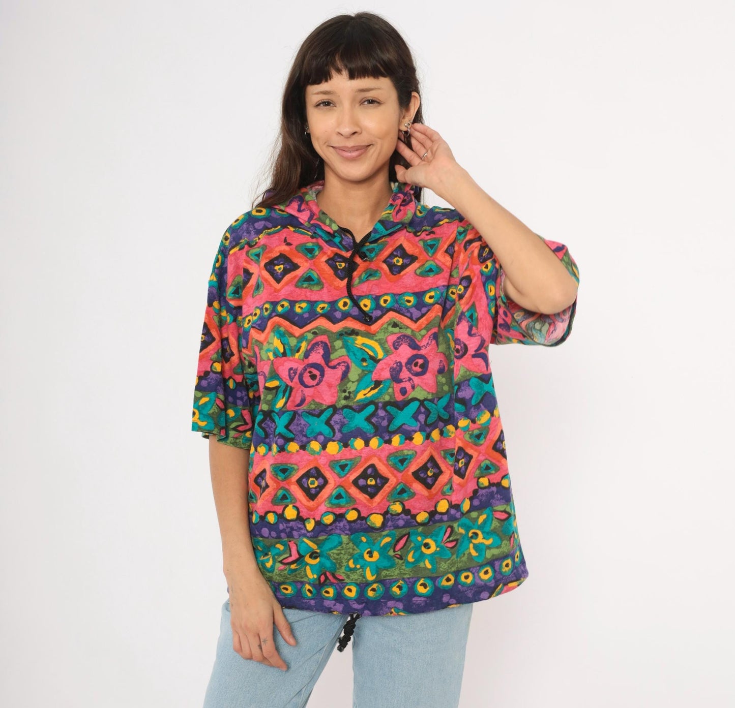 90s Lady John Tribal Hoodie Pink Teal Purple Geometric Floral Pullover One Size