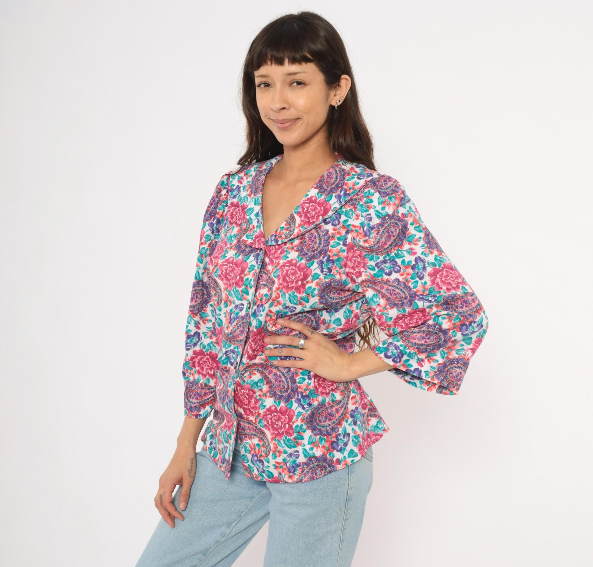 90s Worthington Floral Paisley Blouse Pink Teal Purple Three Quarter Sleeve Large L