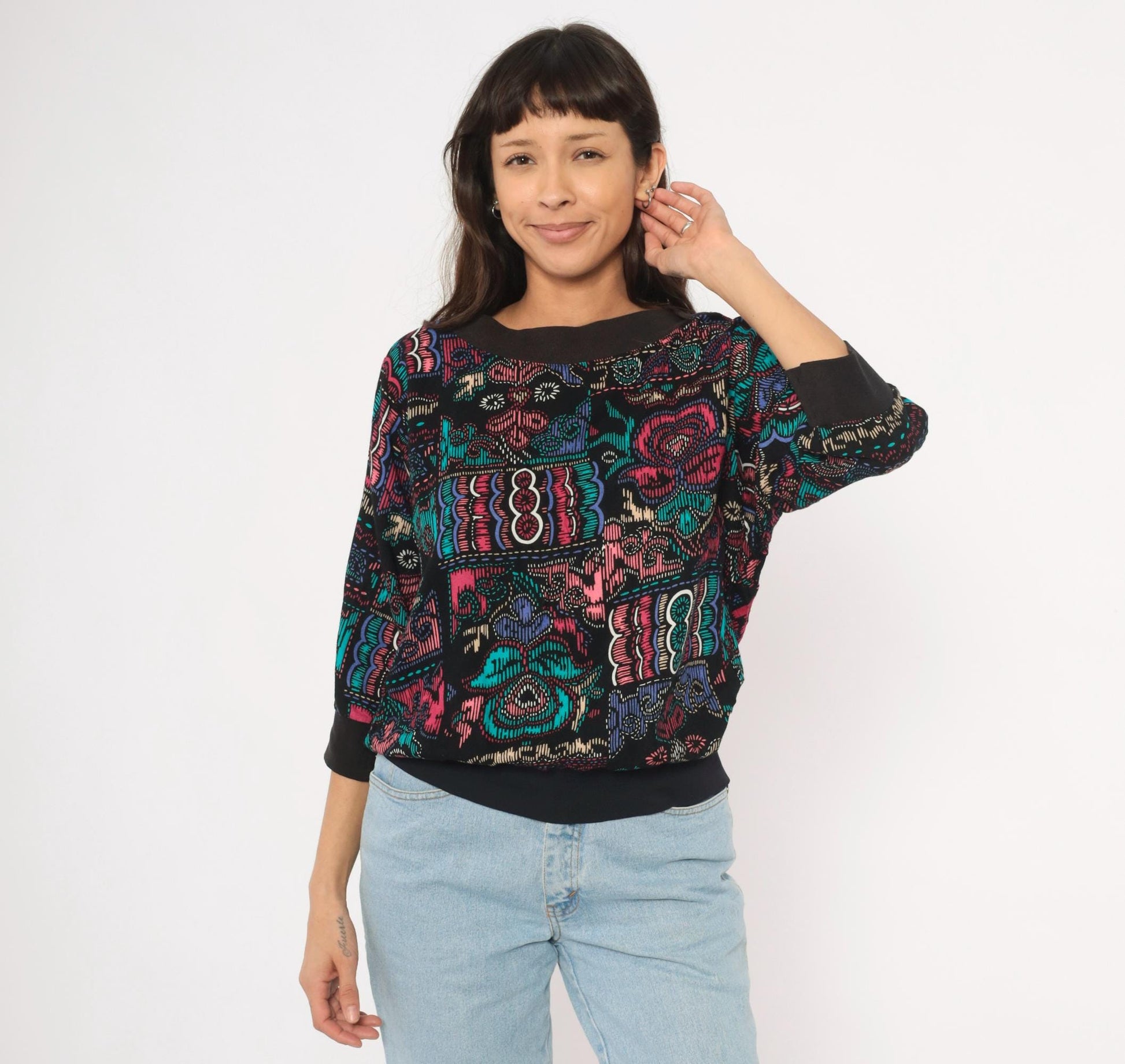 90s Abstract Pullover Blouse Boat Neck Teal Pink Black Graphic Medium M