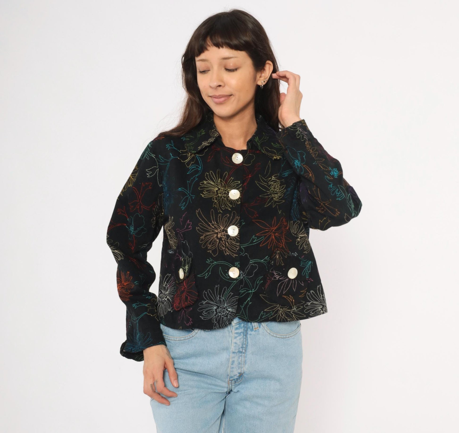 2000s Alex Kim Black Cropped Jacket Multicolor Floral Embroidery Large L