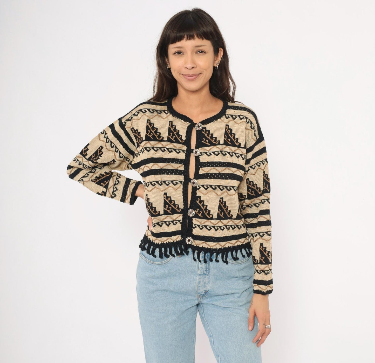 2000s Peruvian Connection Cardigan Cream Black Geometric Fringe Pima Cotton Medium M