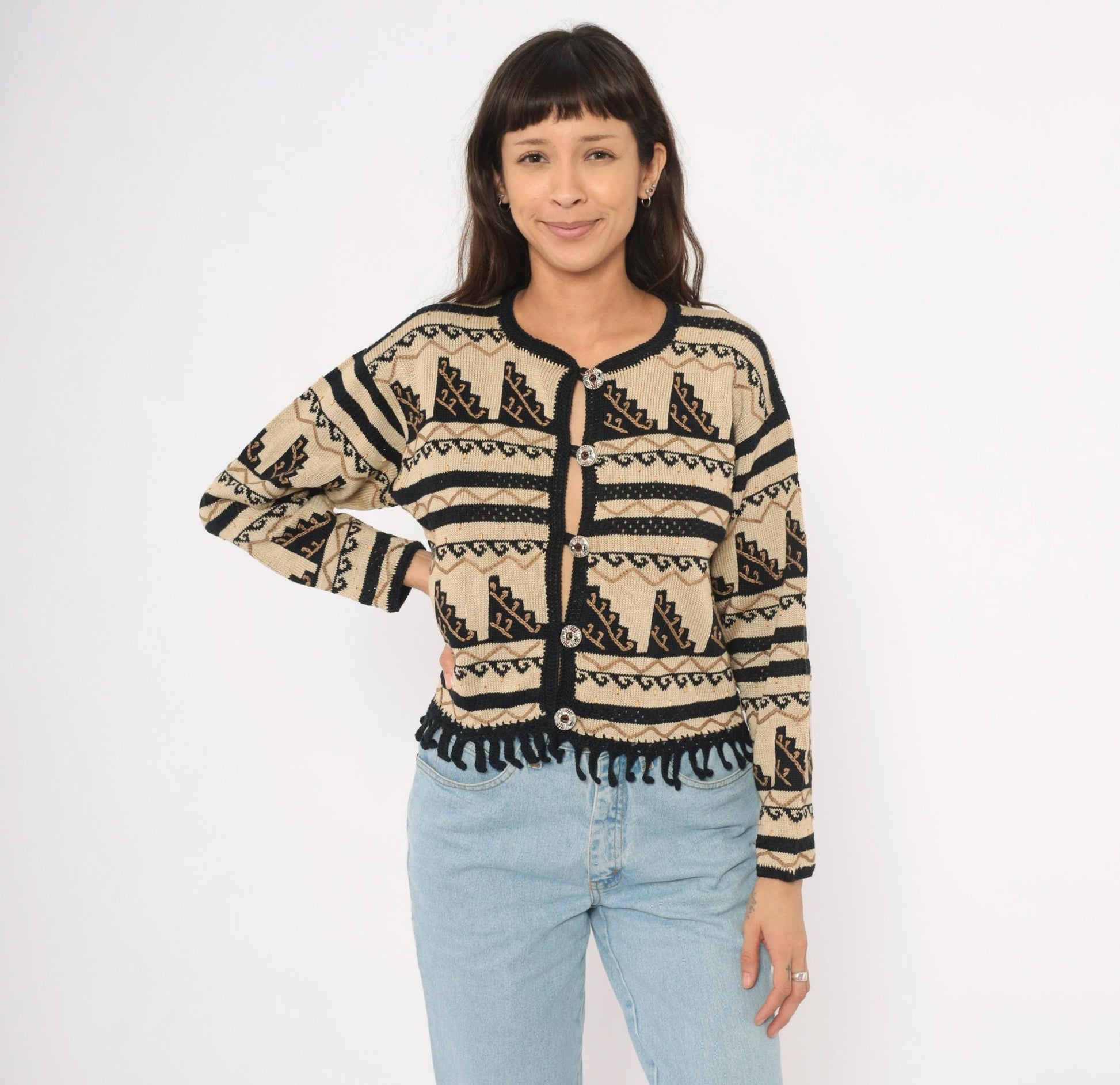 2000s Peruvian Connection Cardigan Cream Black Geometric Fringe Pima Cotton Medium M