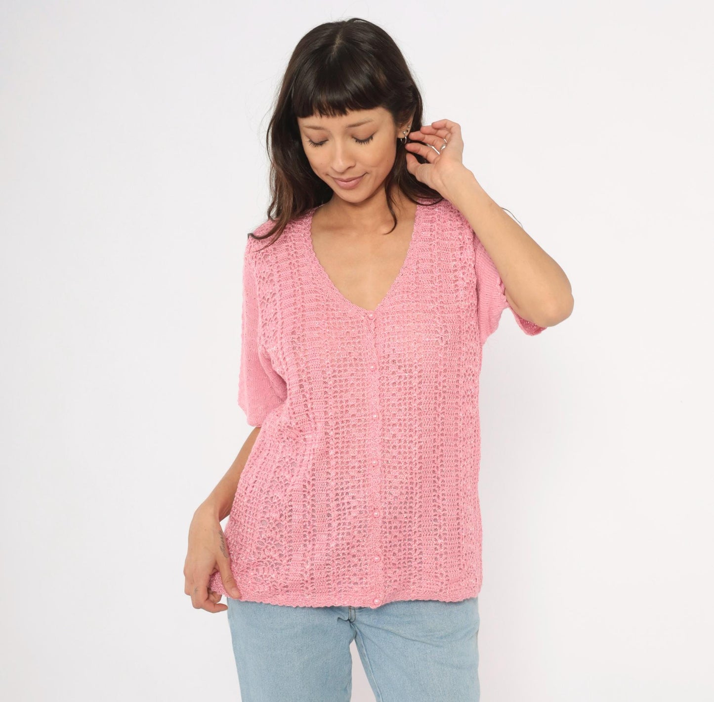 90s Jaclyn Smith Pink Crochet Cardigan V-Neck Scalloped Hem Large L