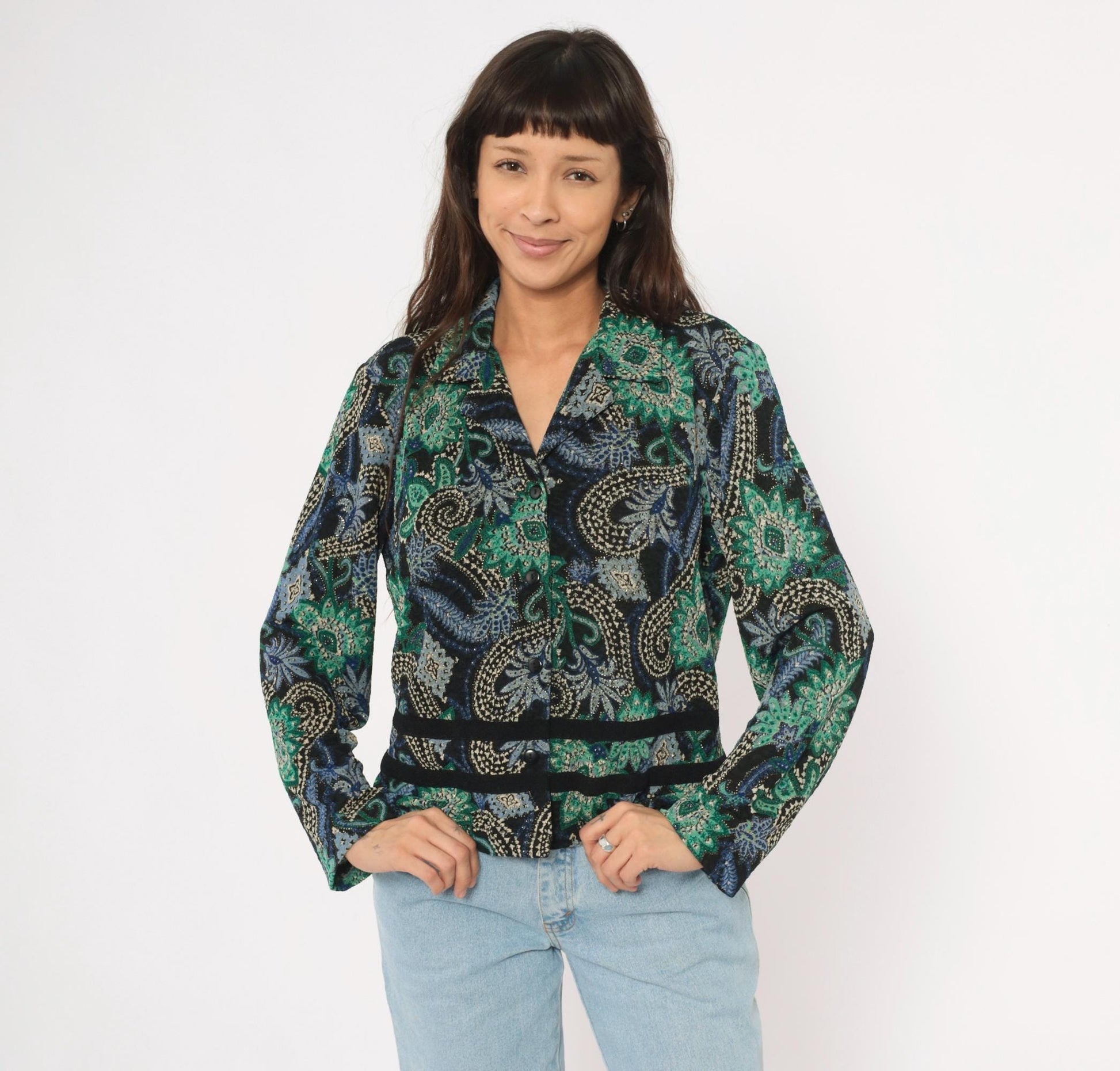 90s K Petite Paisley Blazer Emerald Green Navy Velvet Trim Cropped Large L