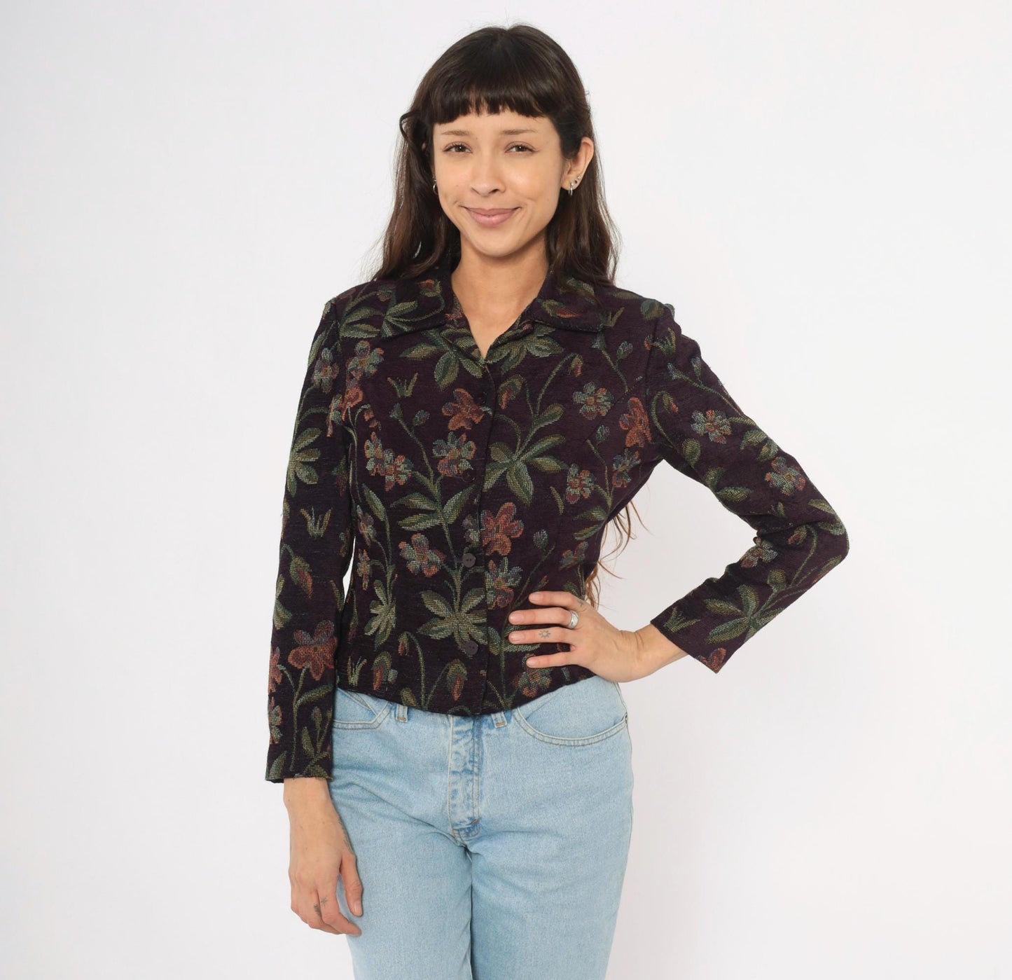 90s Jessica Howard Floral Tapestry Blazer Plum Botanical Woven Cropped Small S