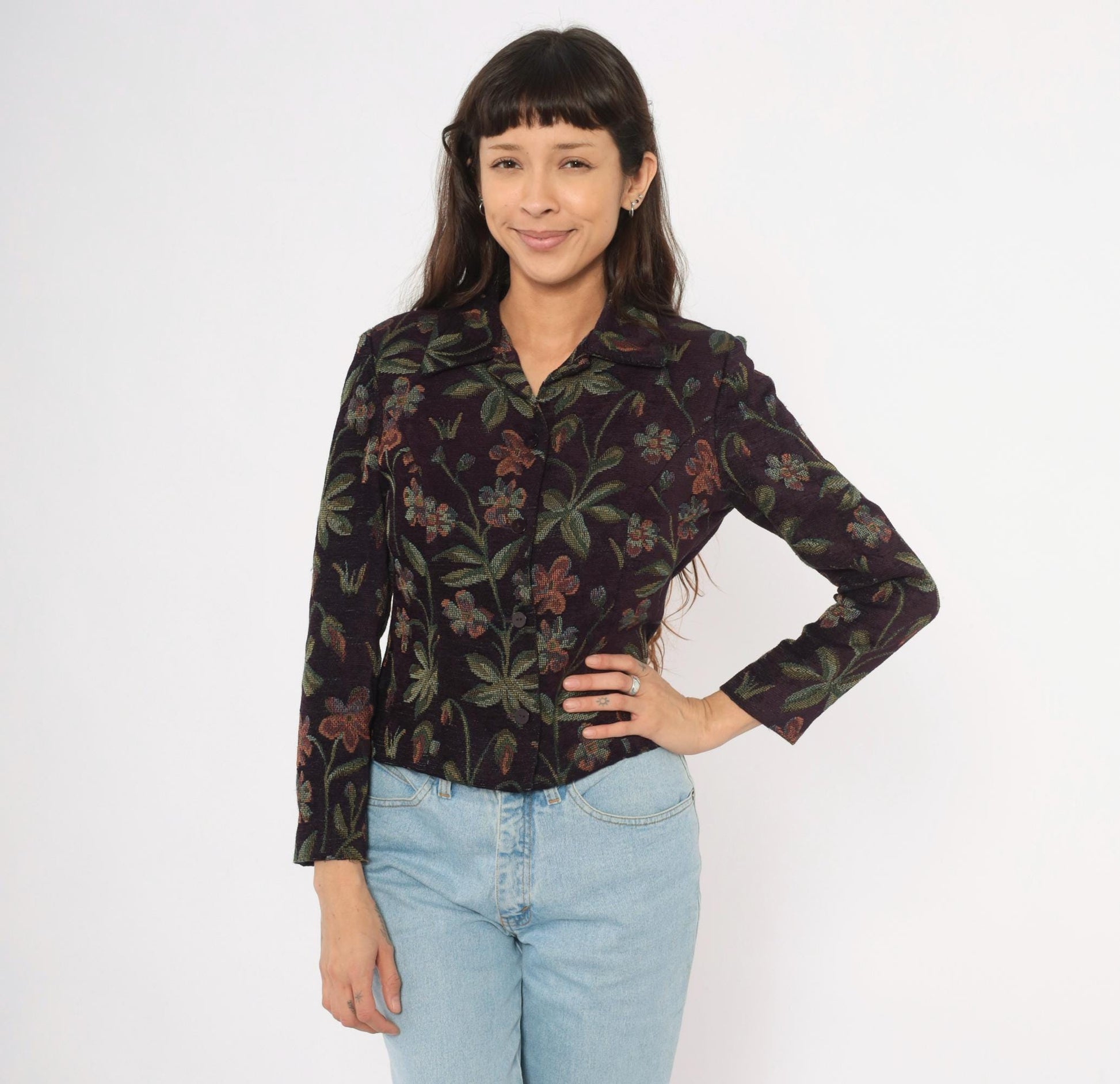 90s Jessica Howard Floral Tapestry Blazer Plum Botanical Woven Cropped Small S
