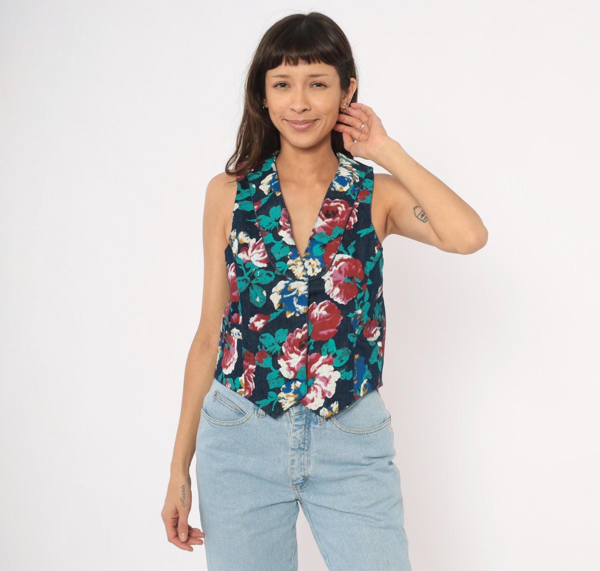 90s Tru-West Floral Denim Vest Navy Rose Teal V-Neck Pointed Hem Extra Small XS