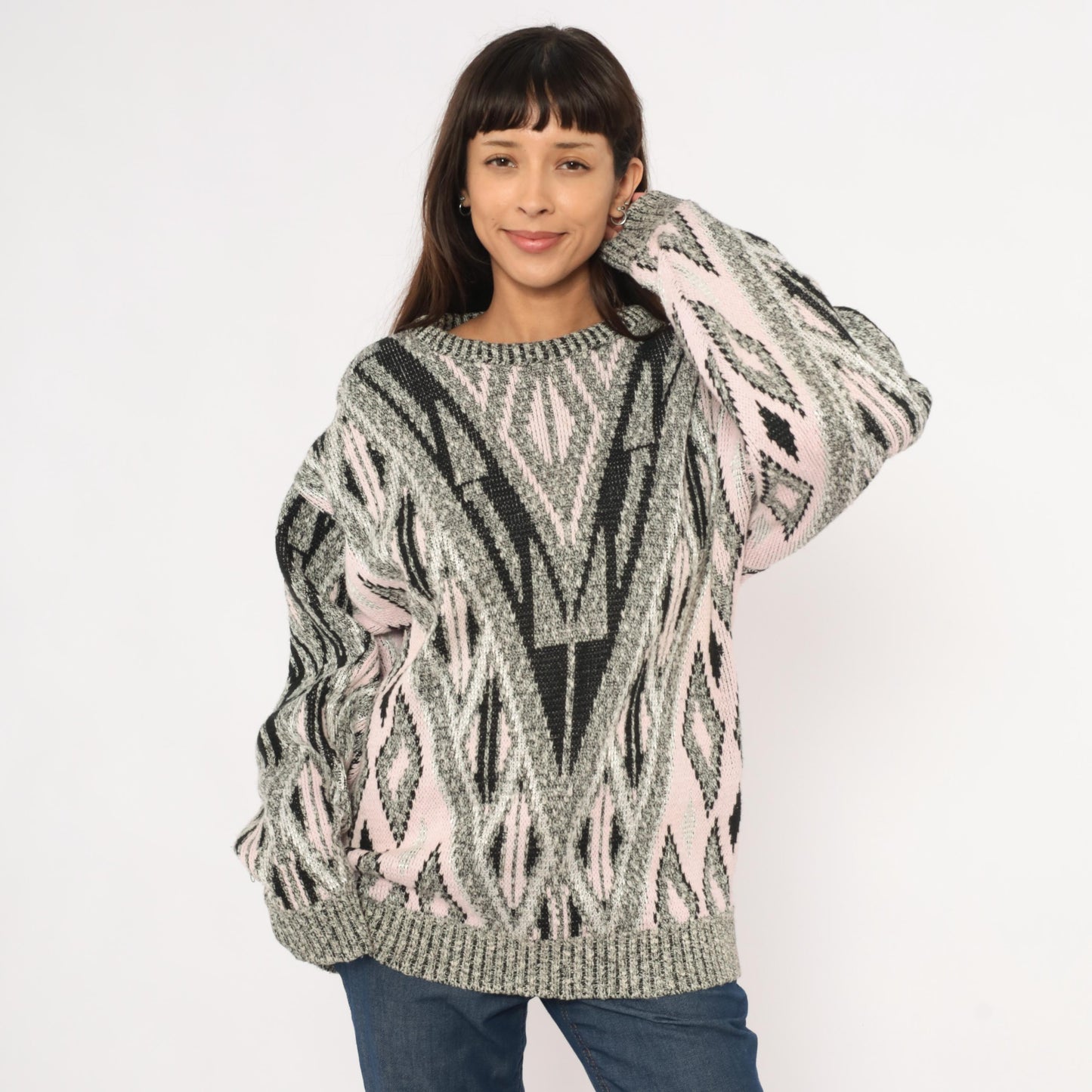 80s Elis Island Geometric Knit Sweater Grey Diamond Chevron Medium