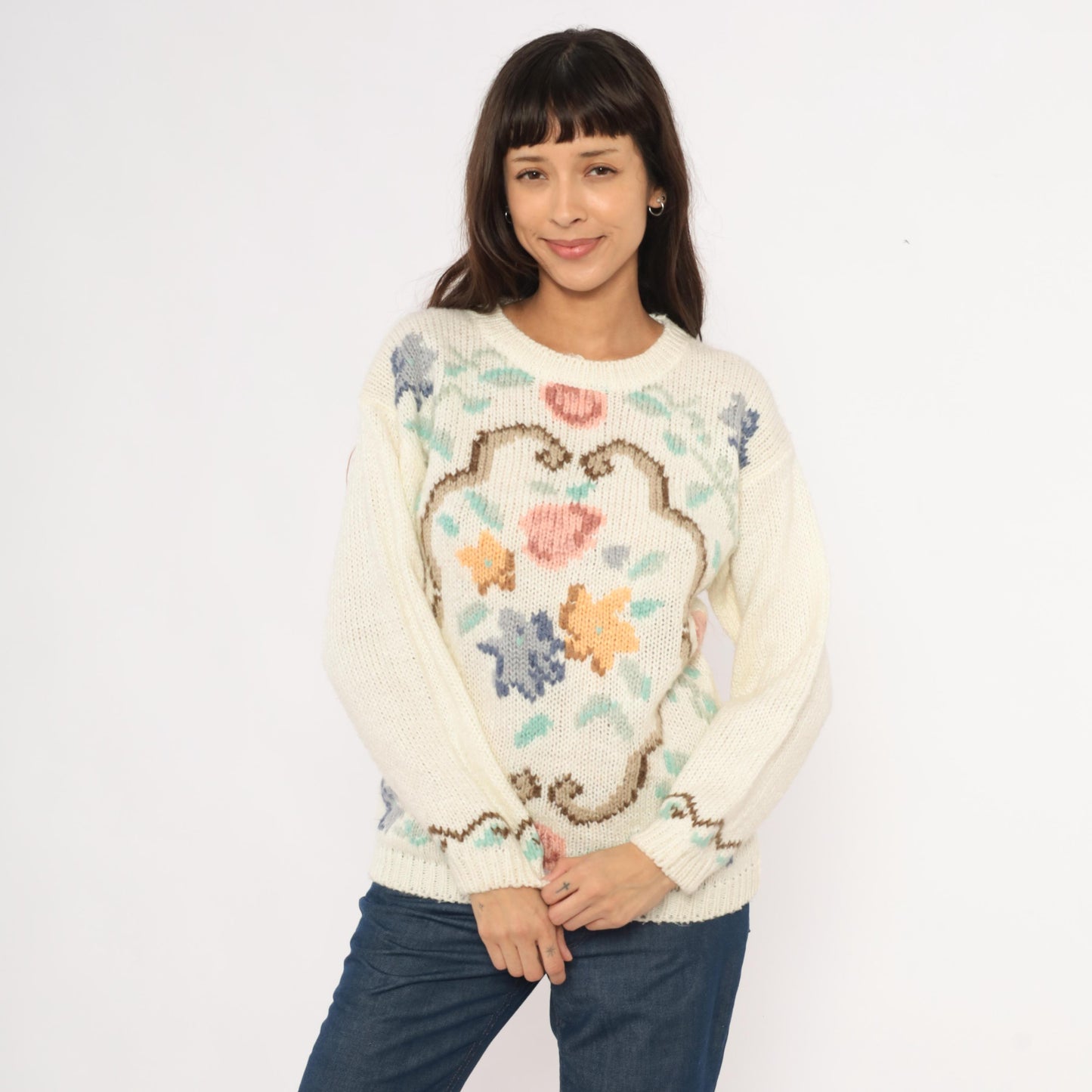 80s Partners by Mervyns Floral Intarsia Knit Crewneck Cream Pink Small