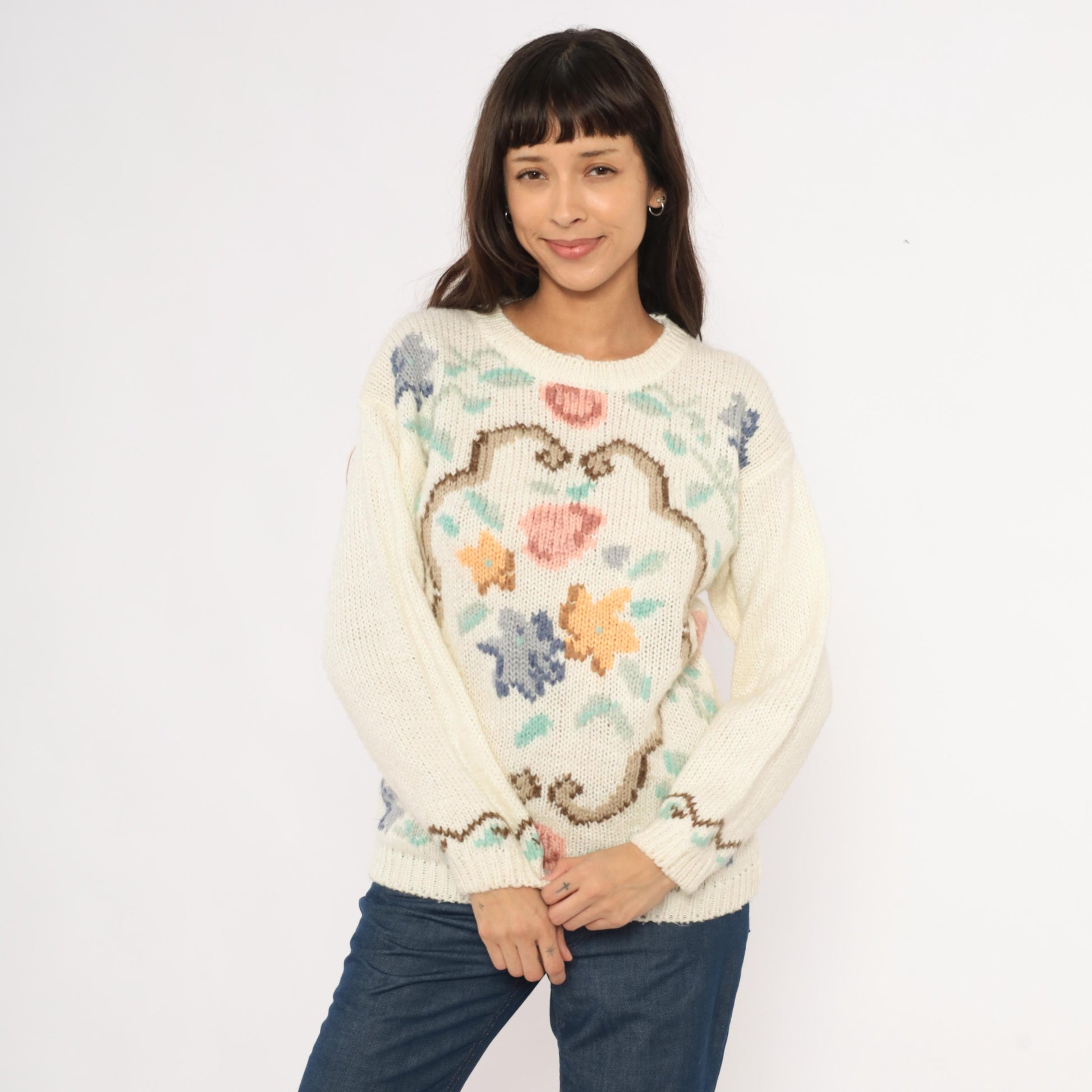 80s Partners by Mervyns Floral Intarsia Knit Crewneck Cream Pink Small