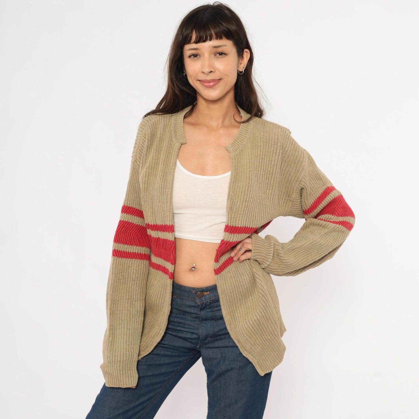 90s GAP Striped Cardigan Tan Red Ribbed Knit Open Front Medium M