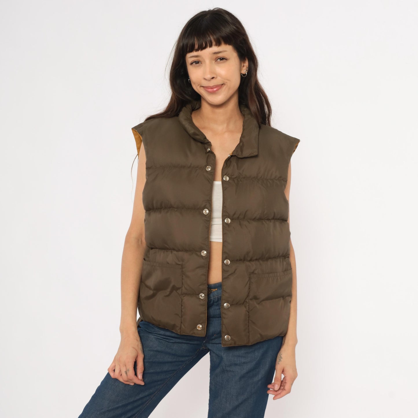 80s Reversible Puffer Vest Brown Mustard Quilted Down Waistcoat Medium