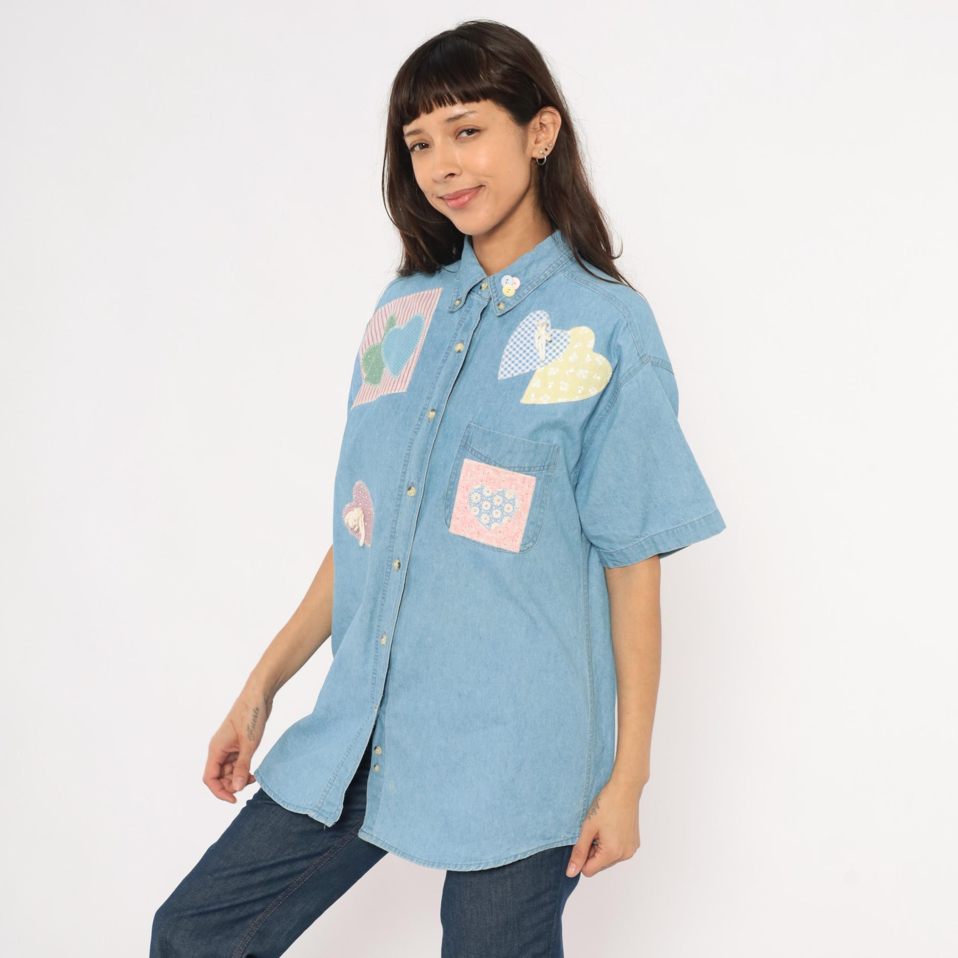 90s Satin Stitches Inc. Patchwork Heart Denim Shirt Light Wash Cotton Medium