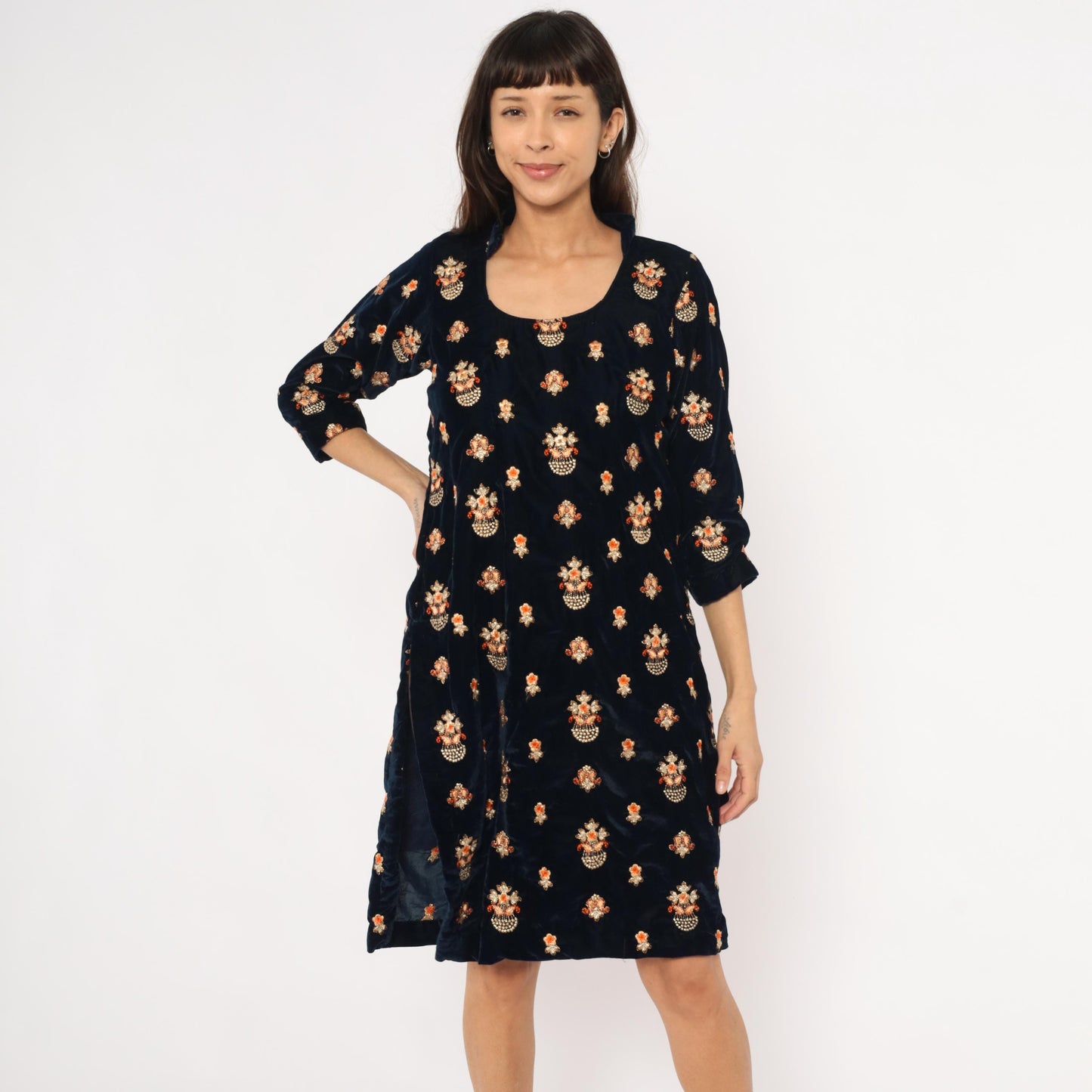 90s Navy Velvet Shift Dress Embroidered Floral Beaded Gold Orange Medium
