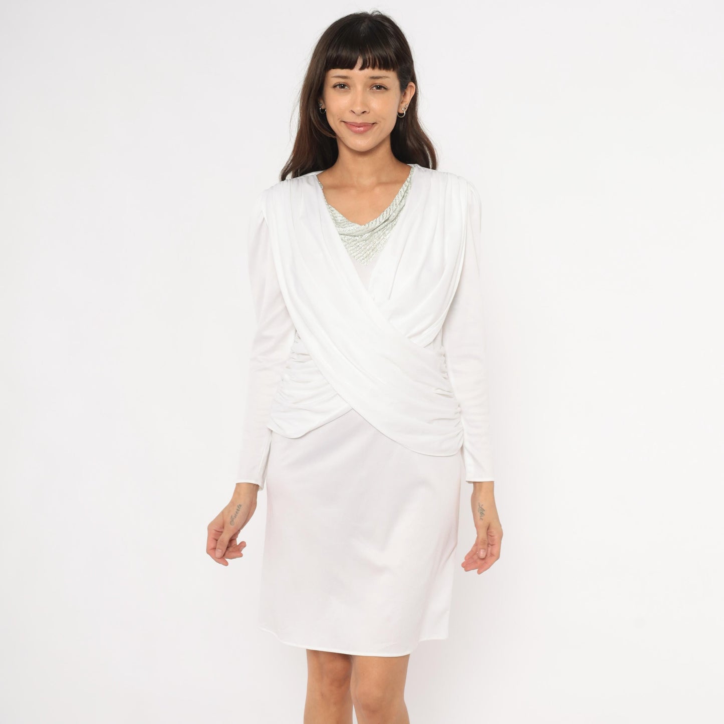 80s White Draped Crossover Dress Silver Beaded Neckline Ruched Bodice Small S