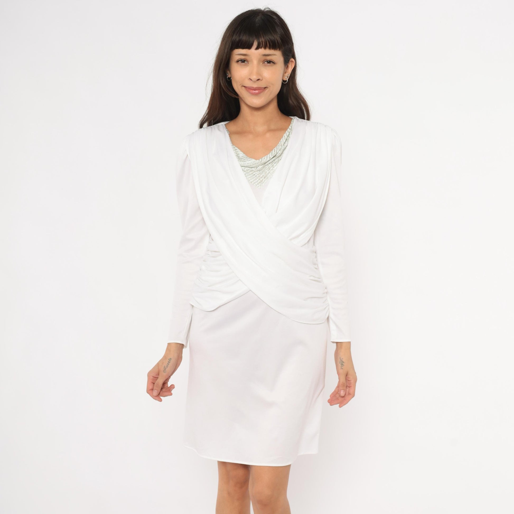 80s White Draped Crossover Dress Silver Beaded Neckline Ruched Bodice Small S