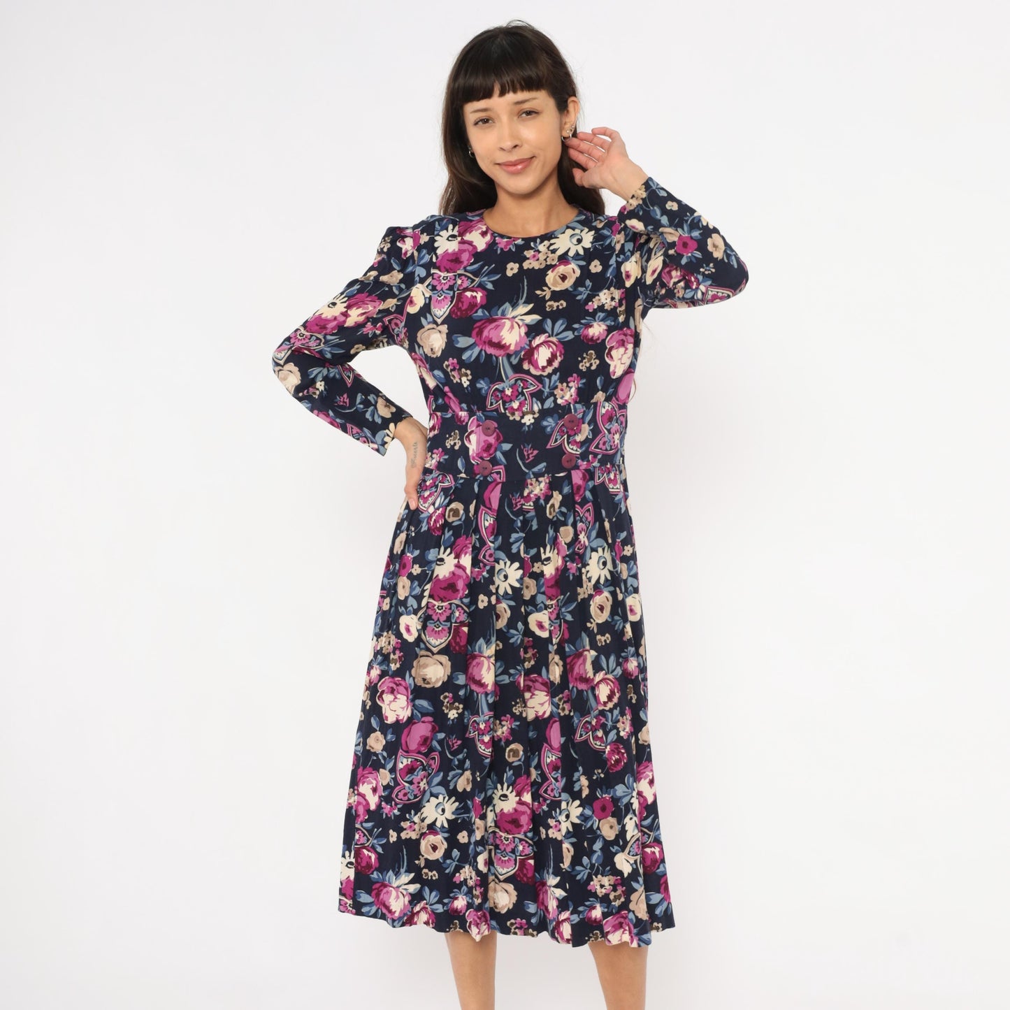80s Karin Stevens Floral Midi Dress Navy Puff Sleeve Pleated Medium M