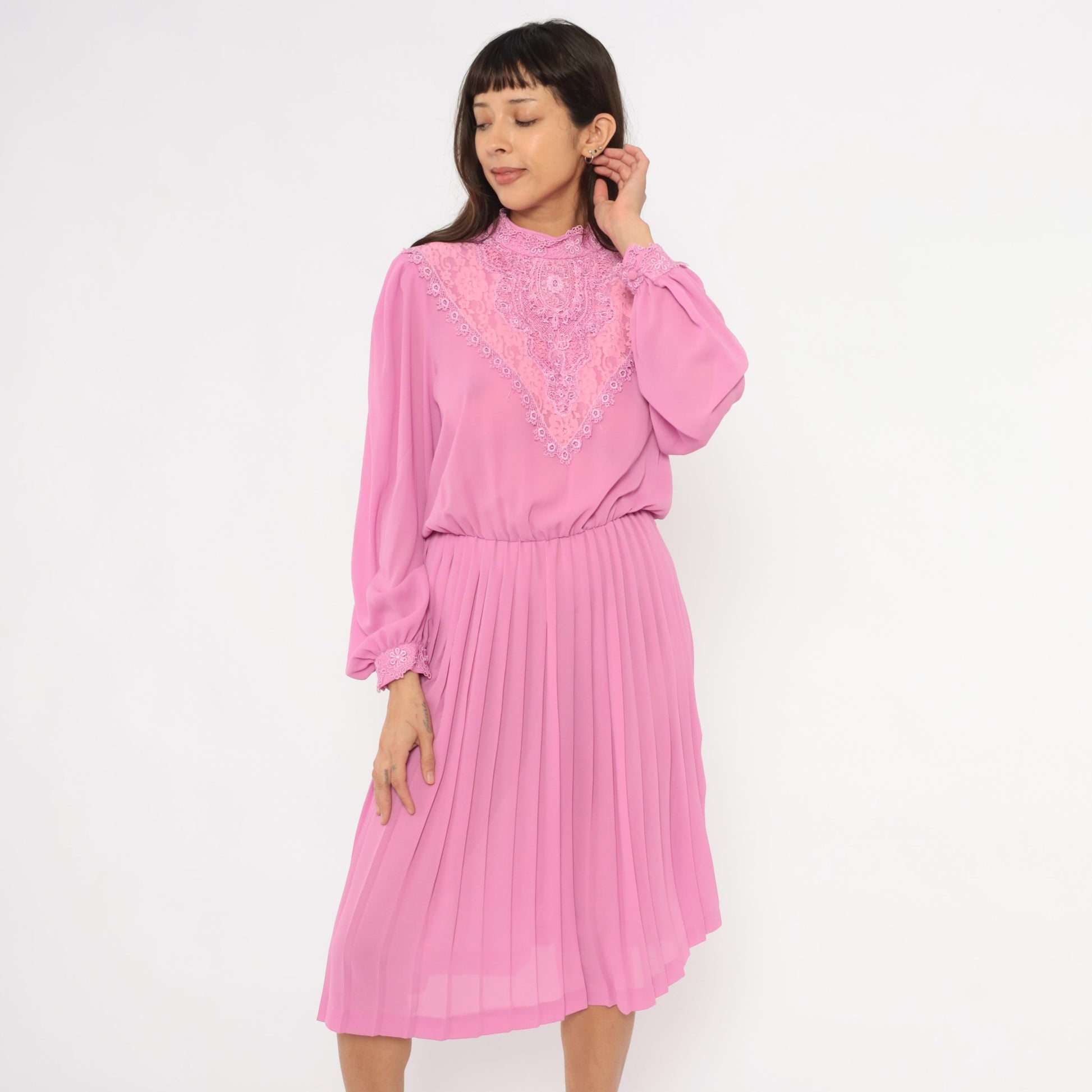 80s Rimini Pink Lace Bib Dress Bishop Sleeve Pleated Skirt Small Medium