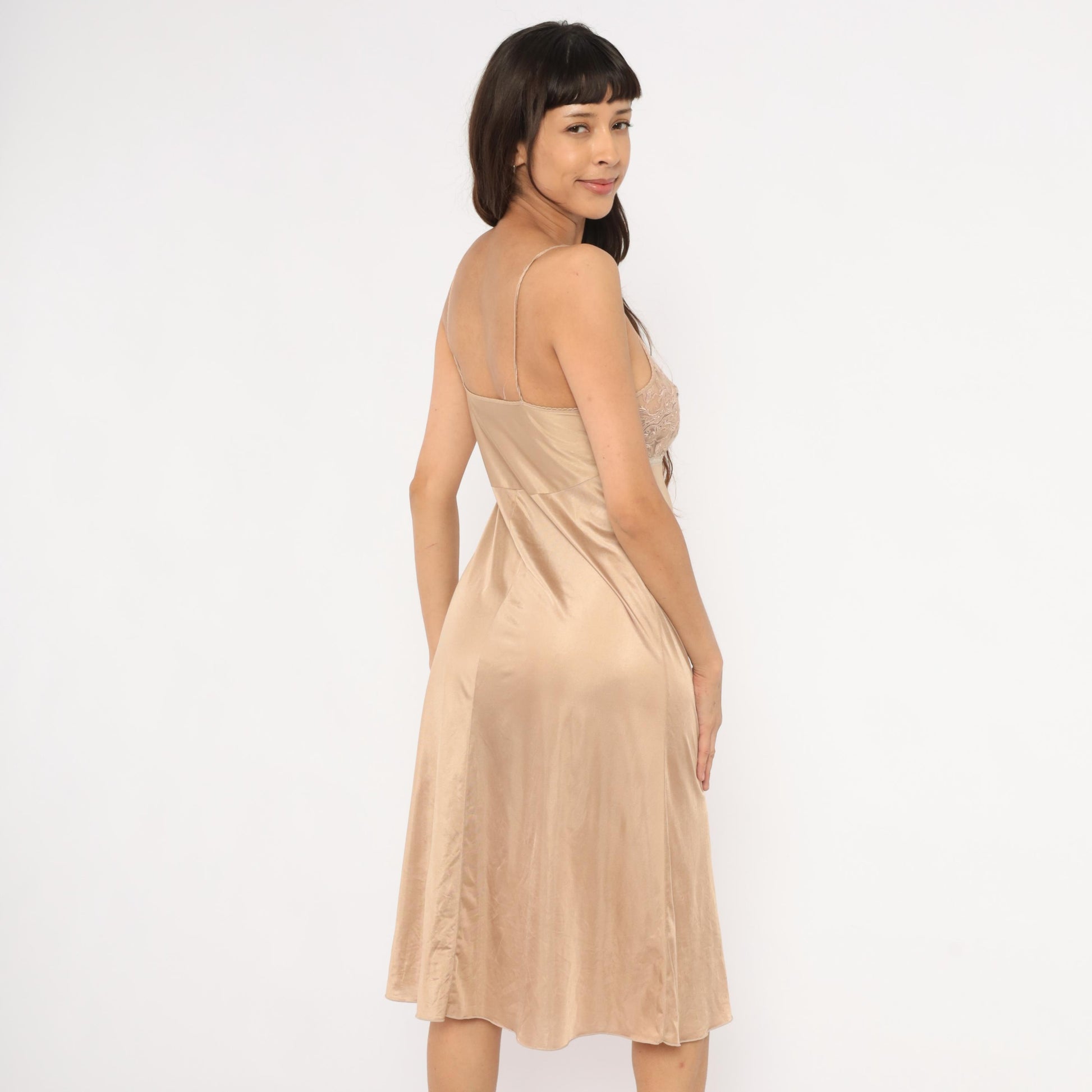 80s Bonny Nude Lace Slip Dress Champagne Satin Midi Empire Waist Small