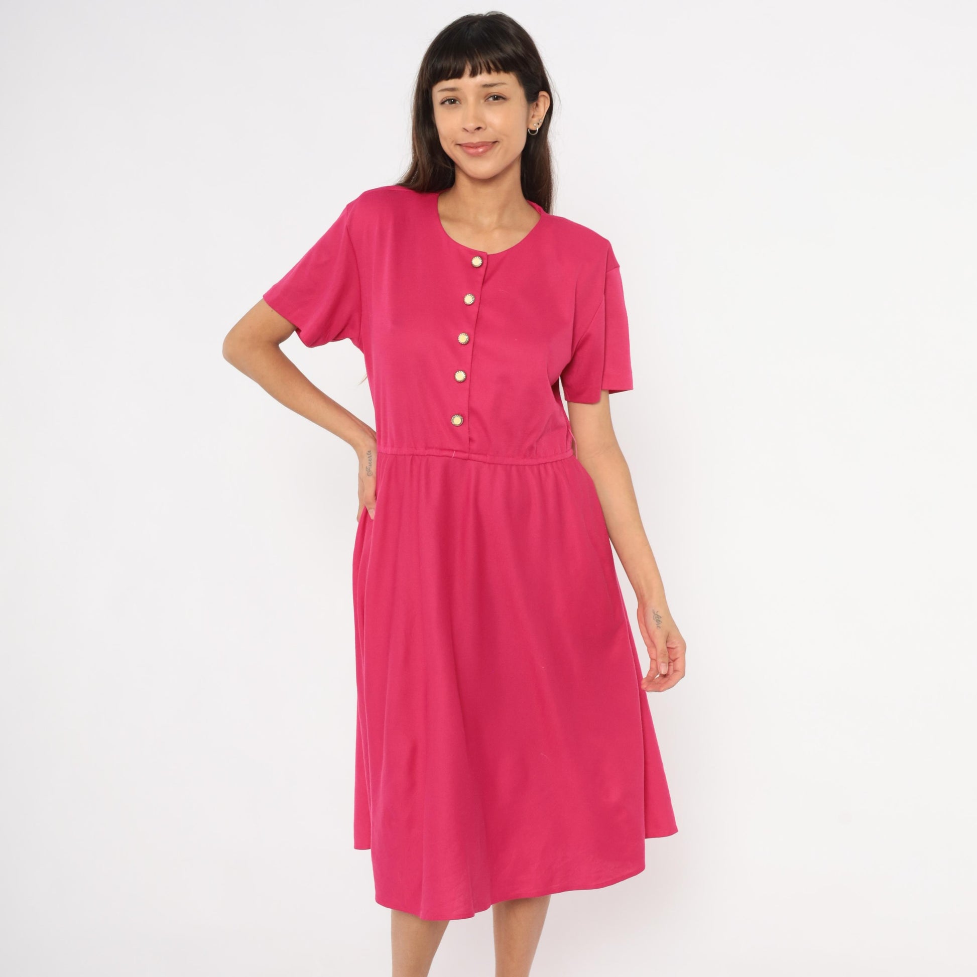 80s Fuchsia Button-Front Midi Dress Gold Buttons Gathered Waist Small