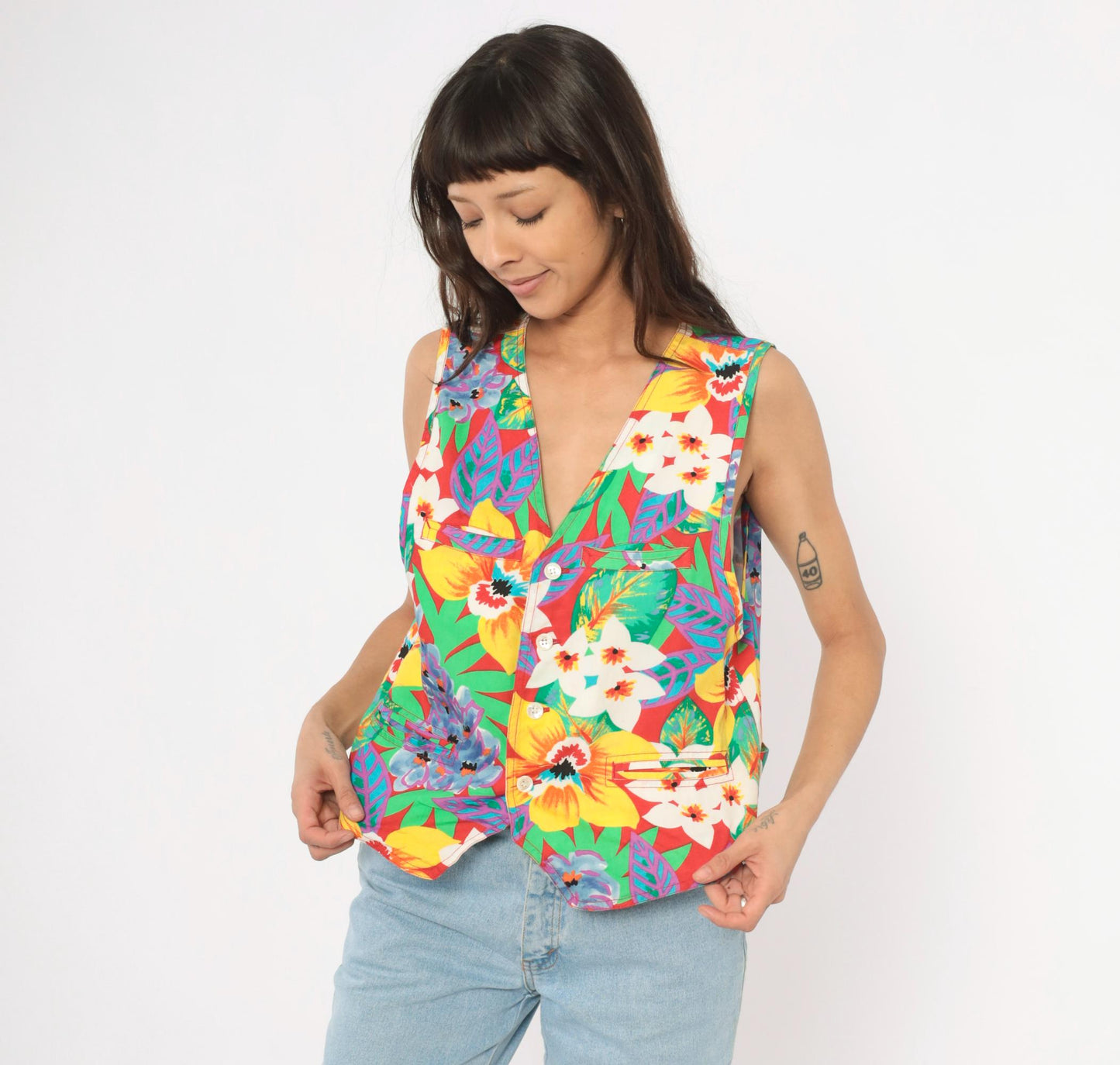 90s Lizwear Tropical Floral Vest Red Hibiscus Button Front V-Neck Medium M