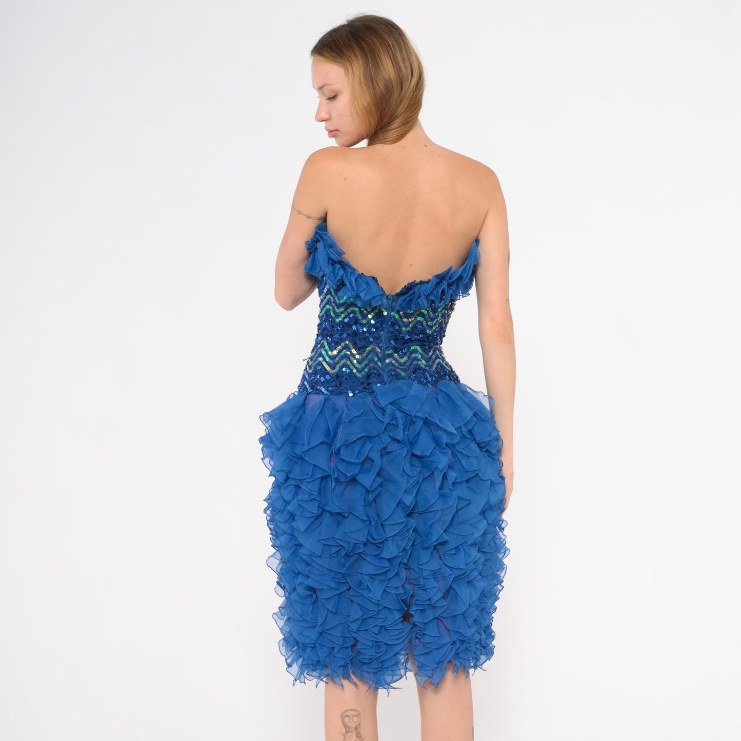 80s Cobalt Sequin Strapless Dress Chevron Sweetheart Corset Ruffle Extra Small XS