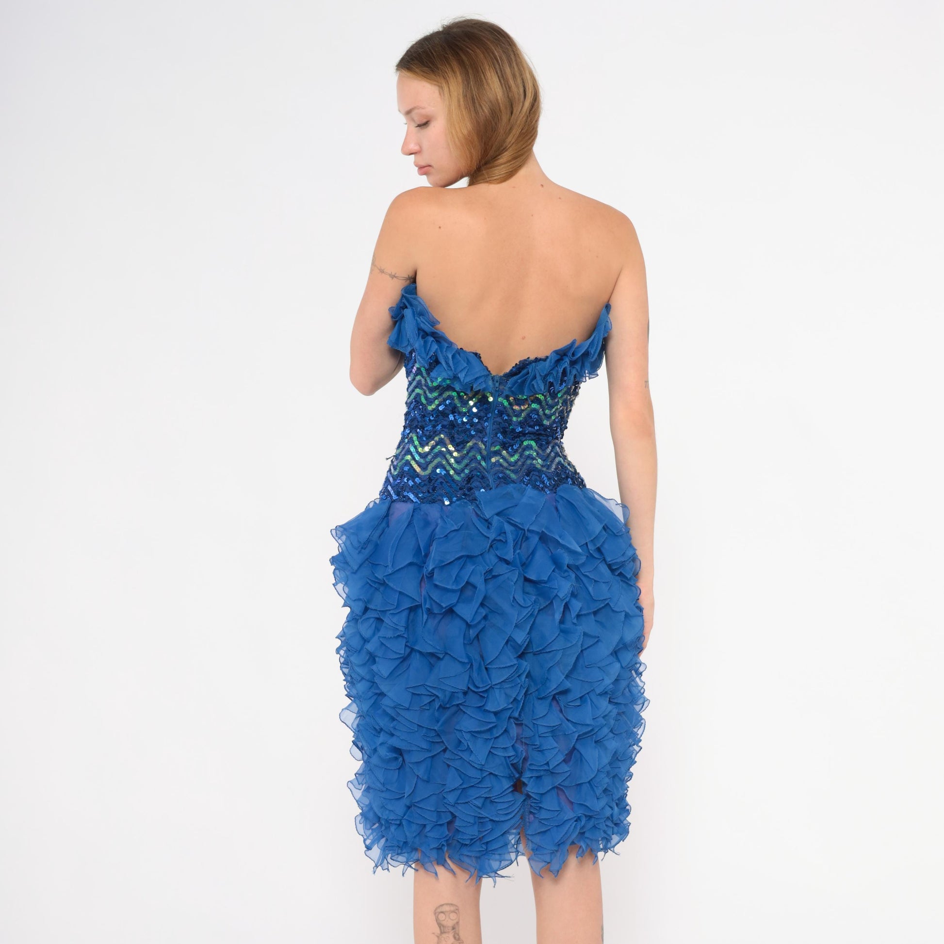 80s Cobalt Sequin Strapless Dress Chevron Sweetheart Corset Ruffle Extra Small XS