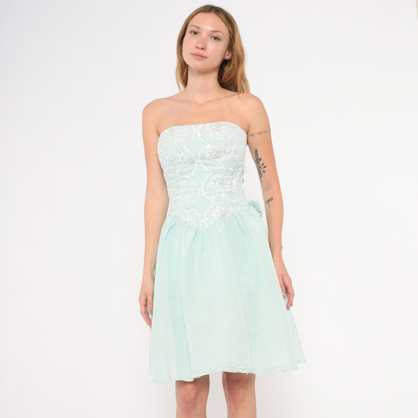 Gunne Sax 80s Mint Strapless Dress Sequin Lace Sweetheart Neckline Knee Length Extra Small XS