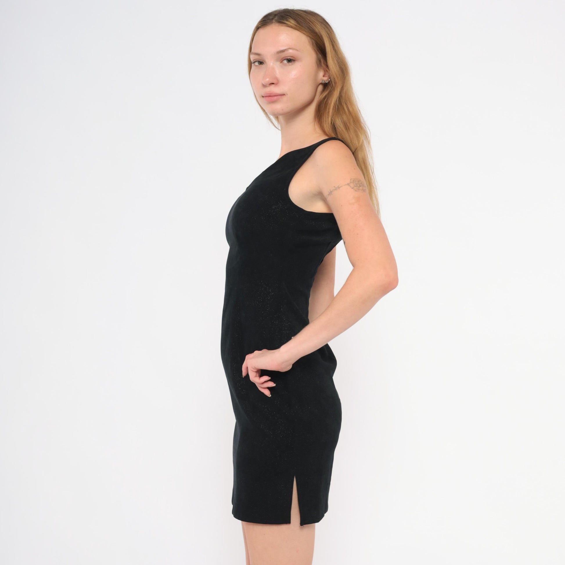 90s Splurge Black Glitter Mini Dress V Neck Sleeveless Bodycon Extra Small XS