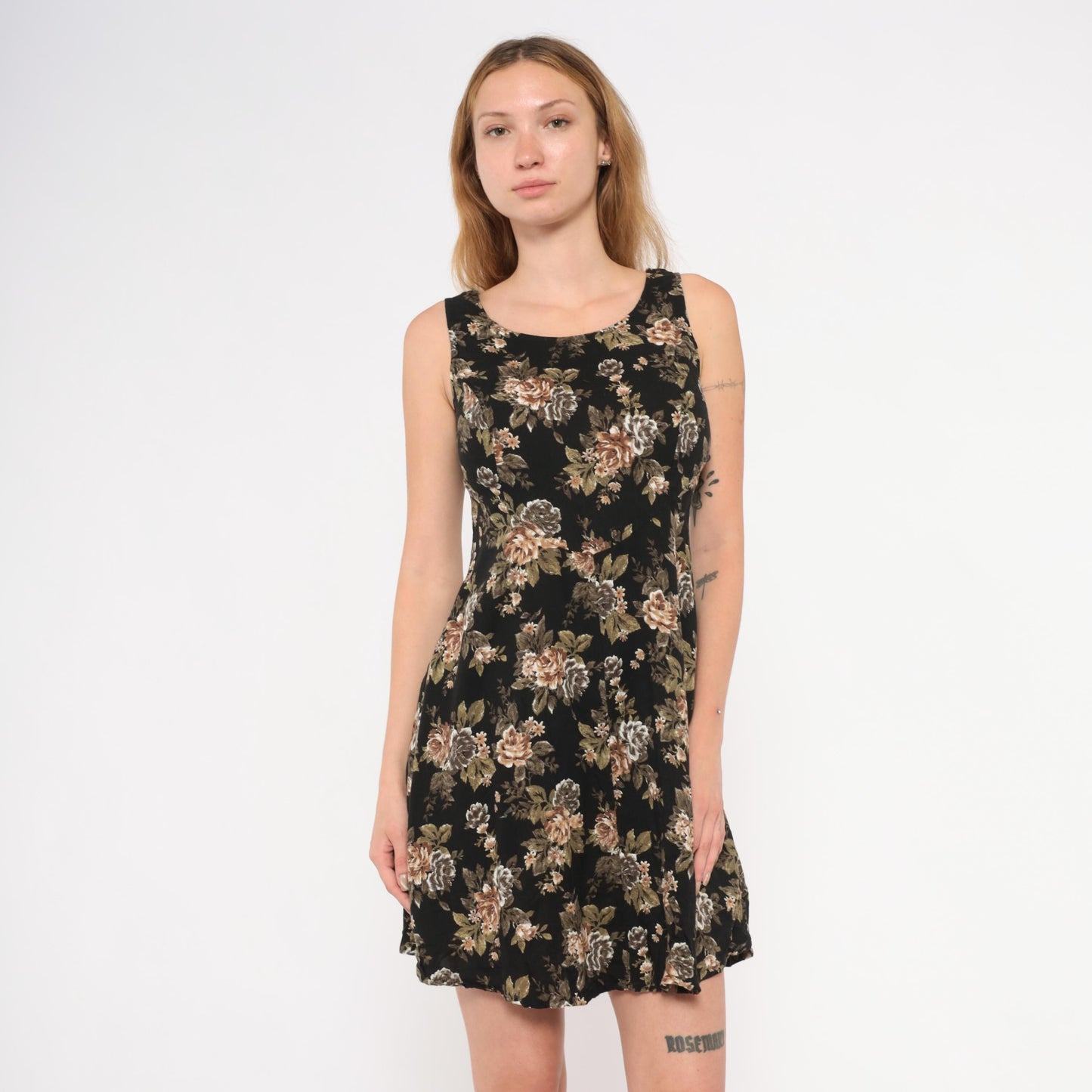 90s All That Jazz Floral Mini Dress Black Rose Print Sleeveless Small S