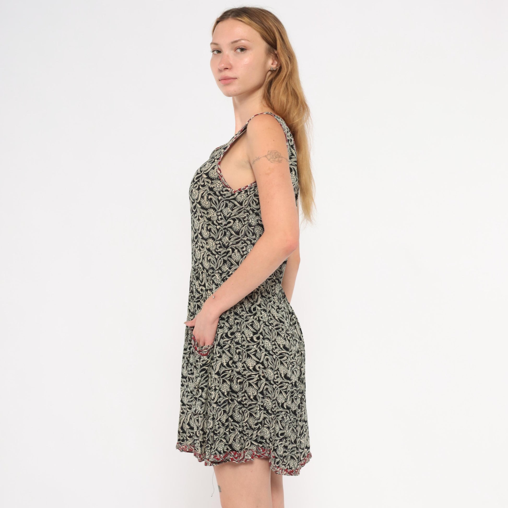 90s Black Floral Tank Dress Mini Red Trim Patch Pockets Small S