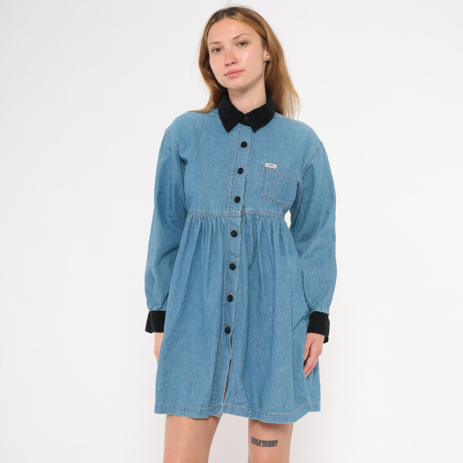 90s Forewarned Jeans Denim Babydoll Dress Black Velvet Collar Mini Small S