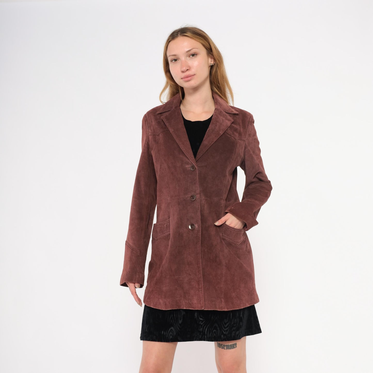 2000s Burgundy Leather Blazer Notched Lapel Long Line Small S