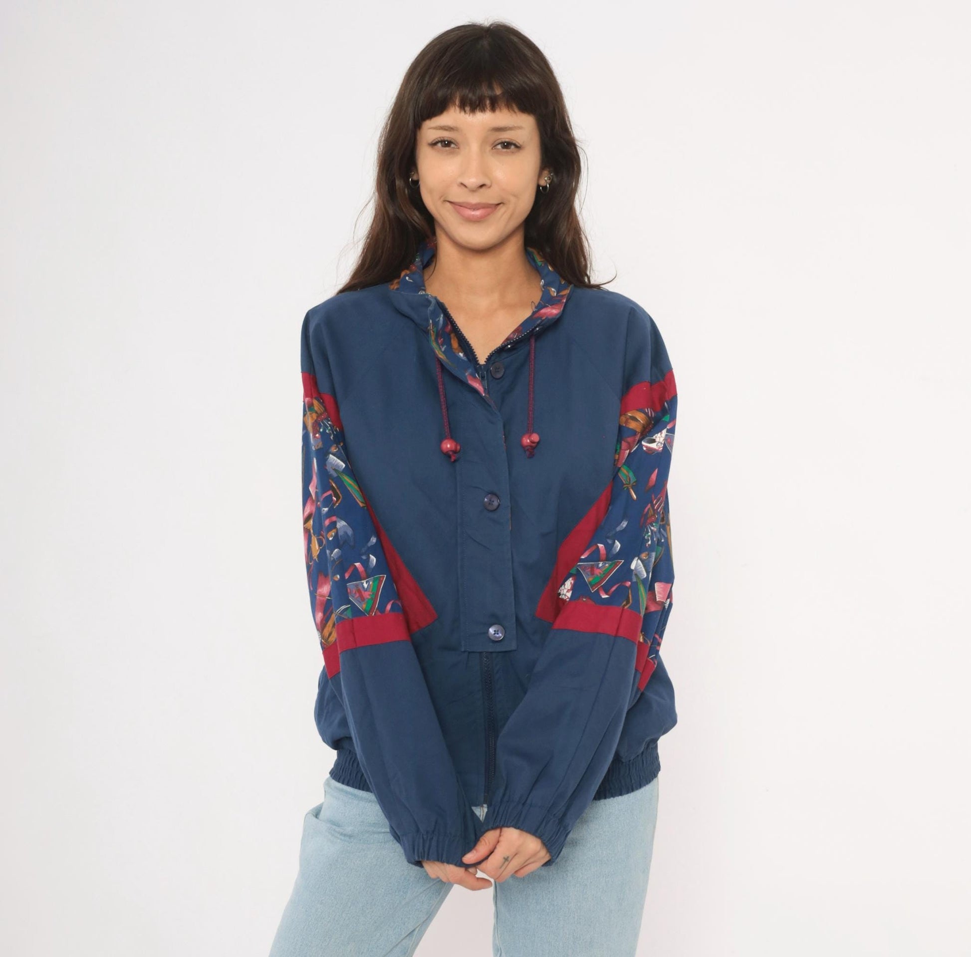90s Line-Up Golf Print Windbreaker Navy Nylon Jacket Red Color Block Medium