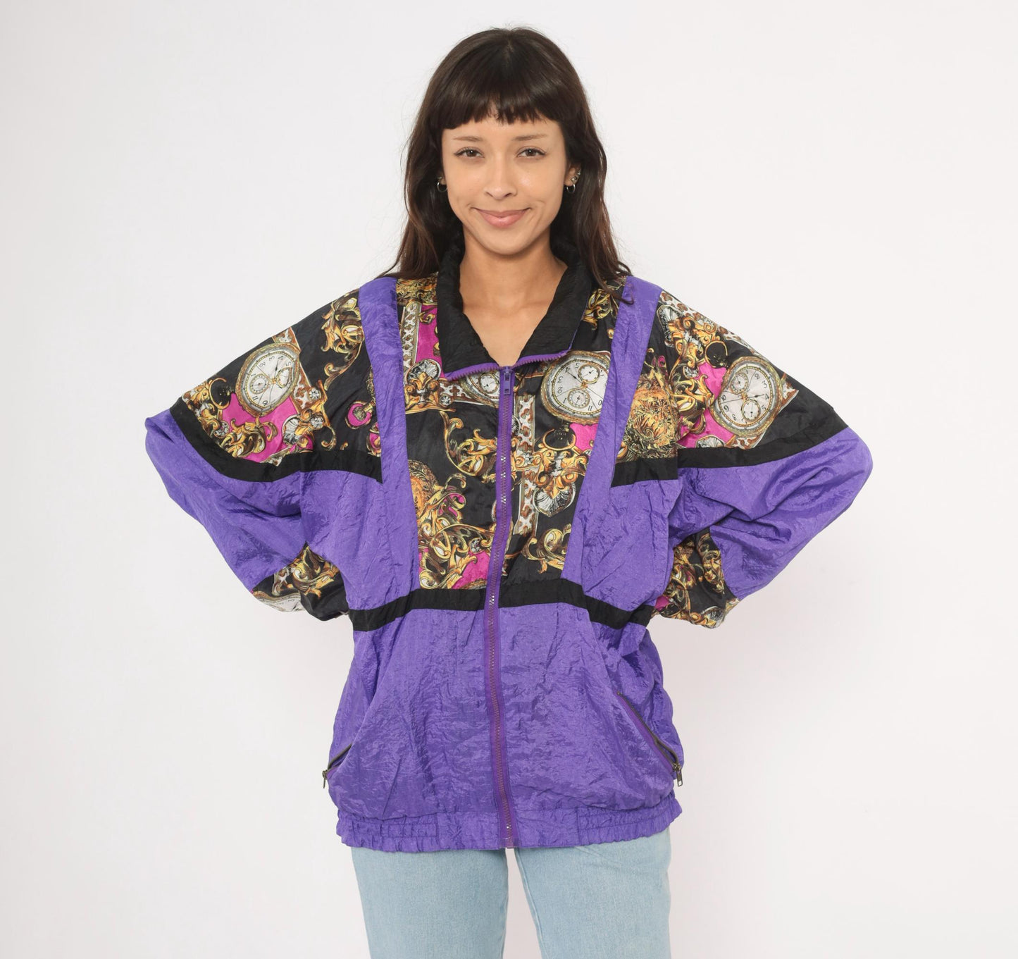 90s Baroque Clock Windbreaker Purple Gold Pocket Watch Shell Jacket Medium
