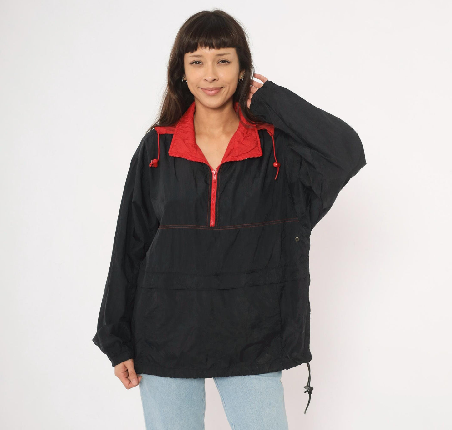 90s Black Red Colorblock Anorak Windbreaker Pullover Jacket Medium M